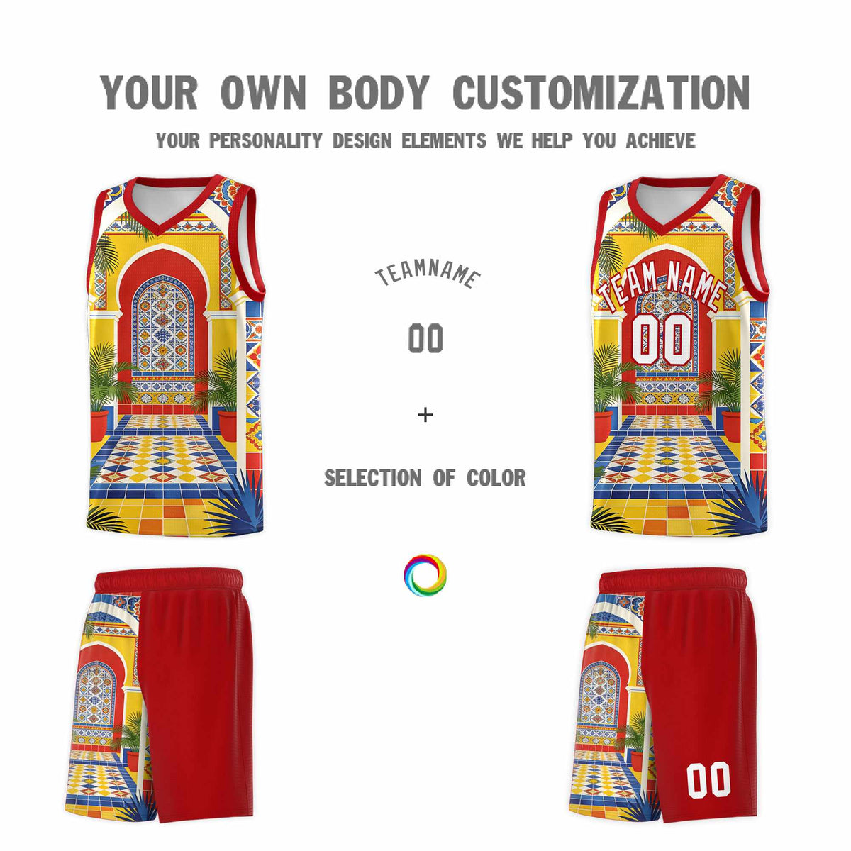 Custom Palace pattern Red Mexican Colors Graffiti Patterns Sublimation Printing Uniform Basketball Jersey