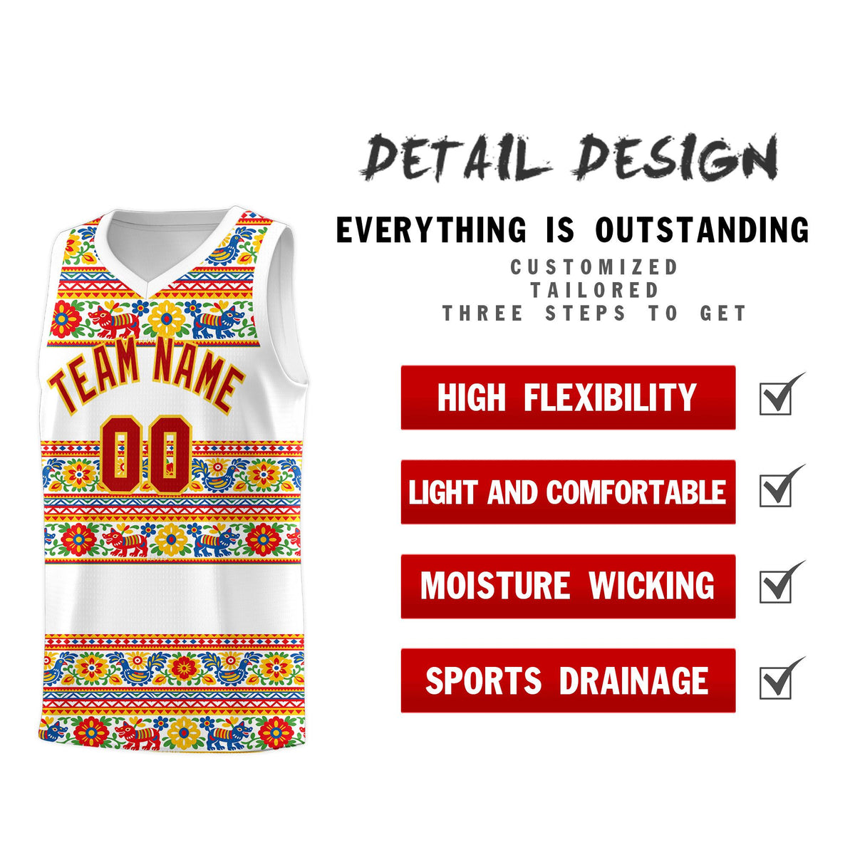 Custom White Colorfulflower pattern Mexican Colors Graffiti Patterns Quick-Drying Uniform Basketball Jersey