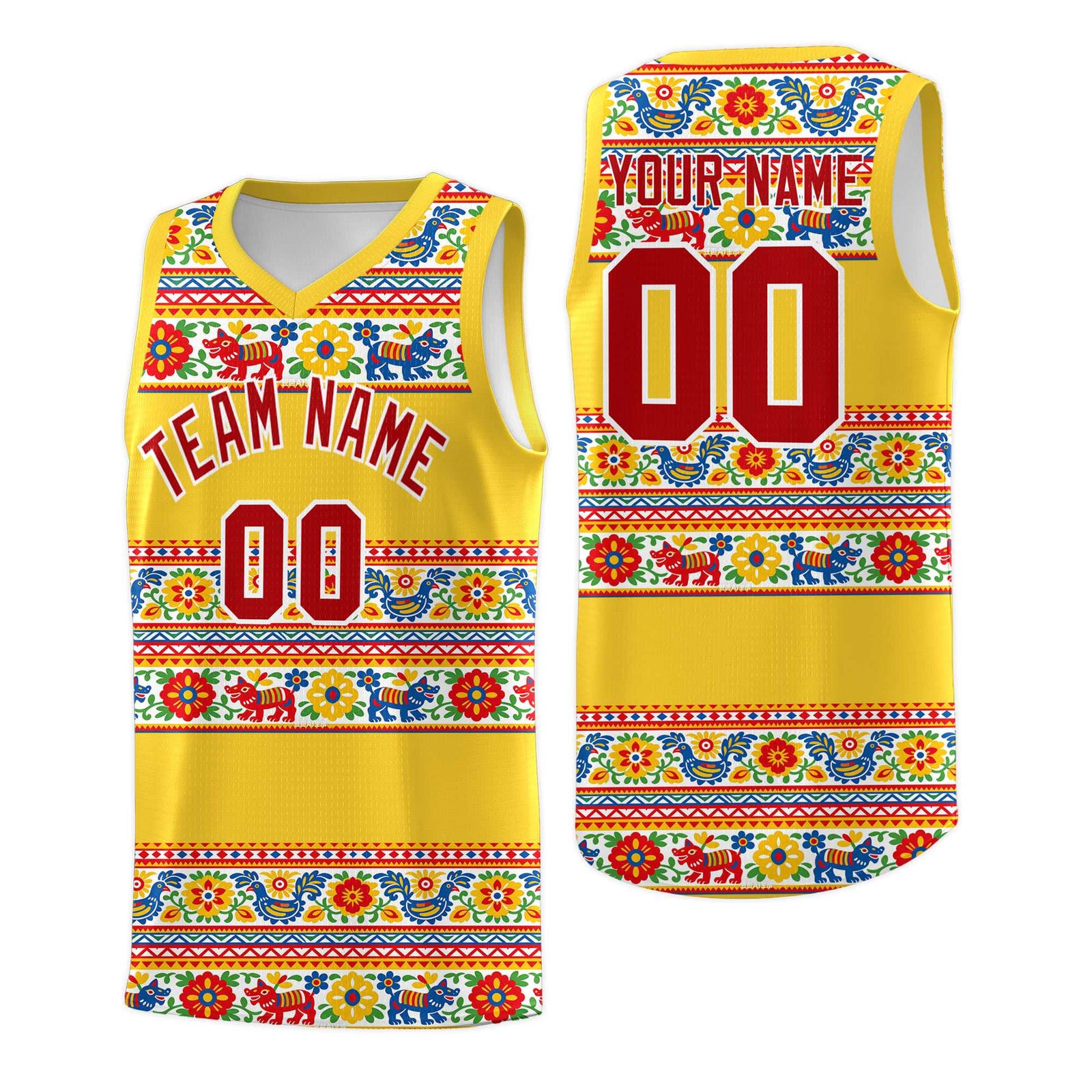 Custom Gold Colorfulflower pattern Mexican Colors Graffiti Patterns Lightweight Uniform Basketball Jersey