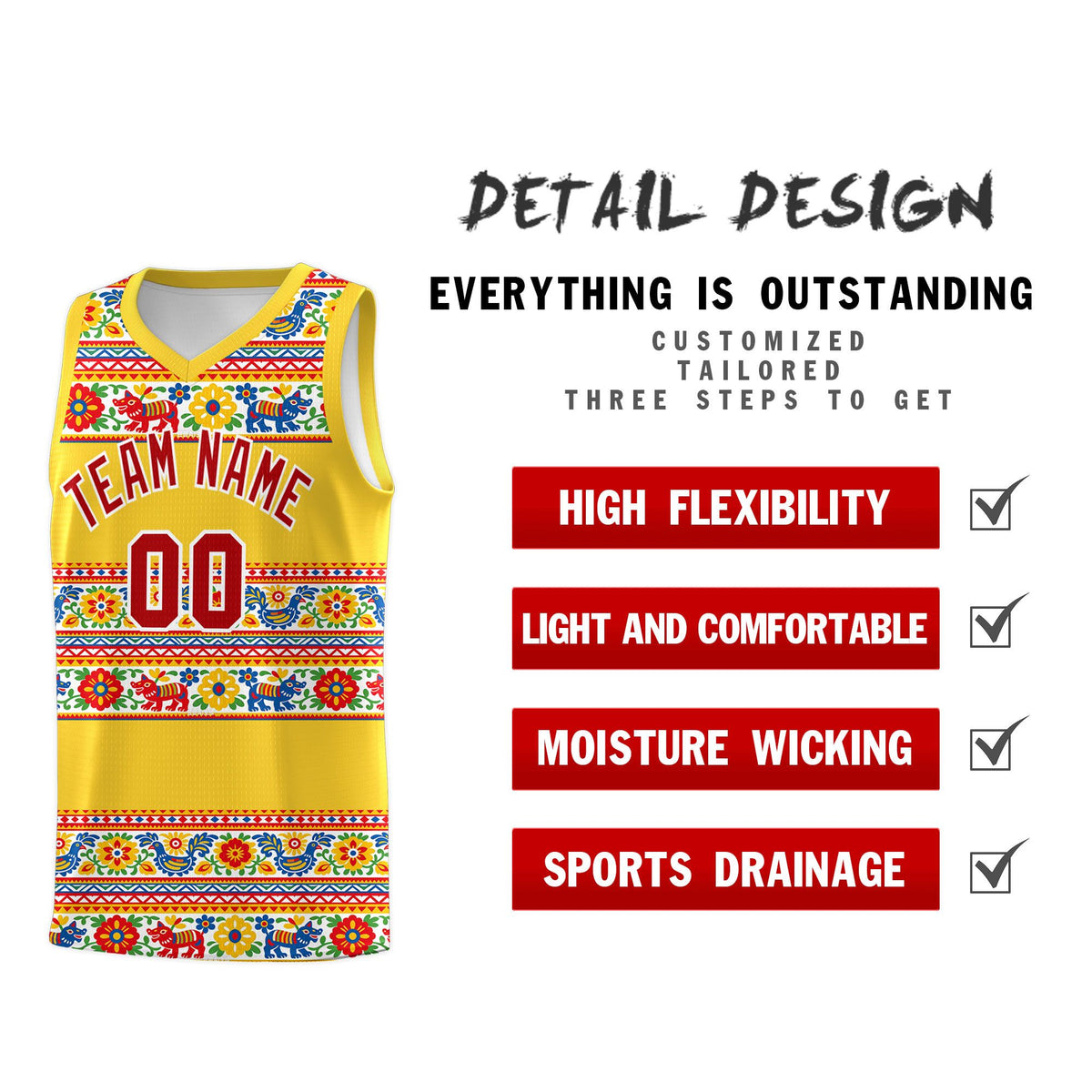 Custom Gold Colorfulflower pattern Mexican Colors Graffiti Patterns Lightweight Uniform Basketball Jersey