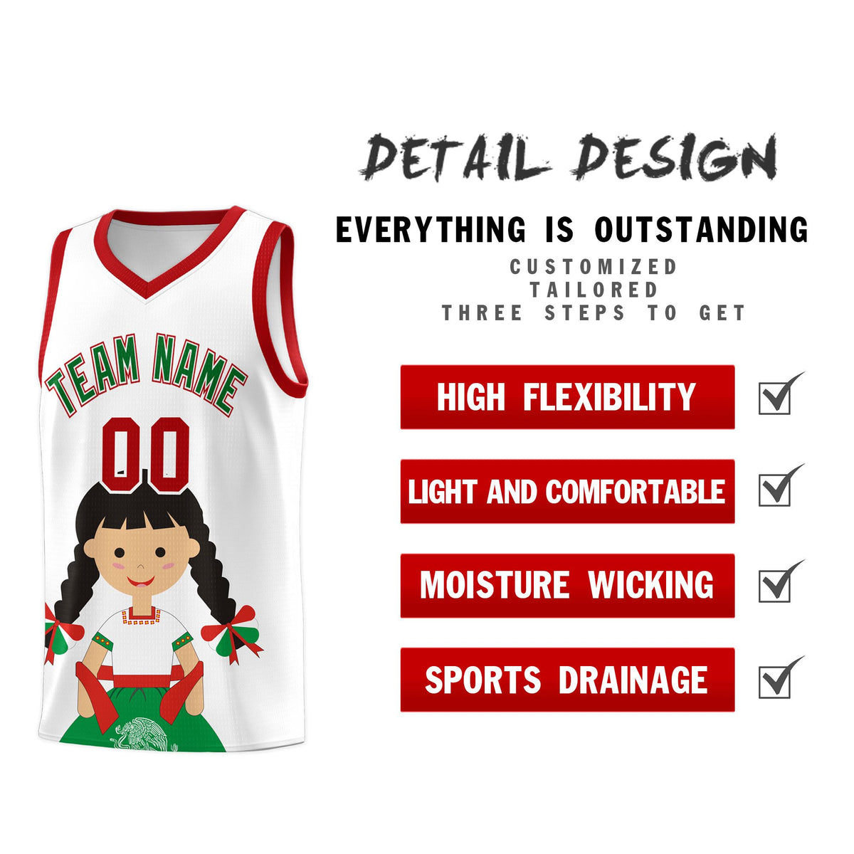 Custom White Red Mexican Colors Graffiti Patterns Sublimation Printing Uniform Basketball Jersey