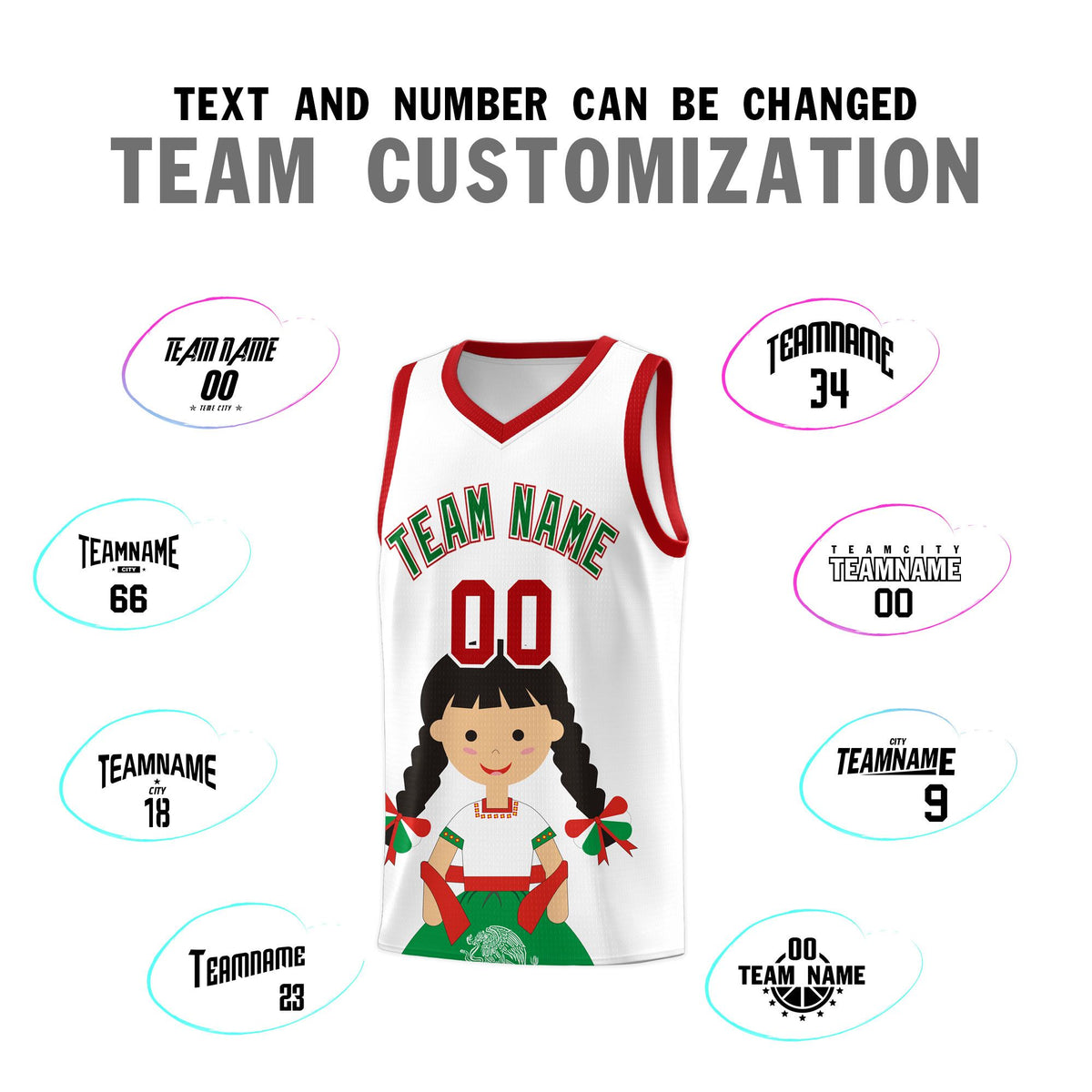 Custom White Red Mexican Colors Graffiti Patterns Sublimation Printing Uniform Basketball Jersey