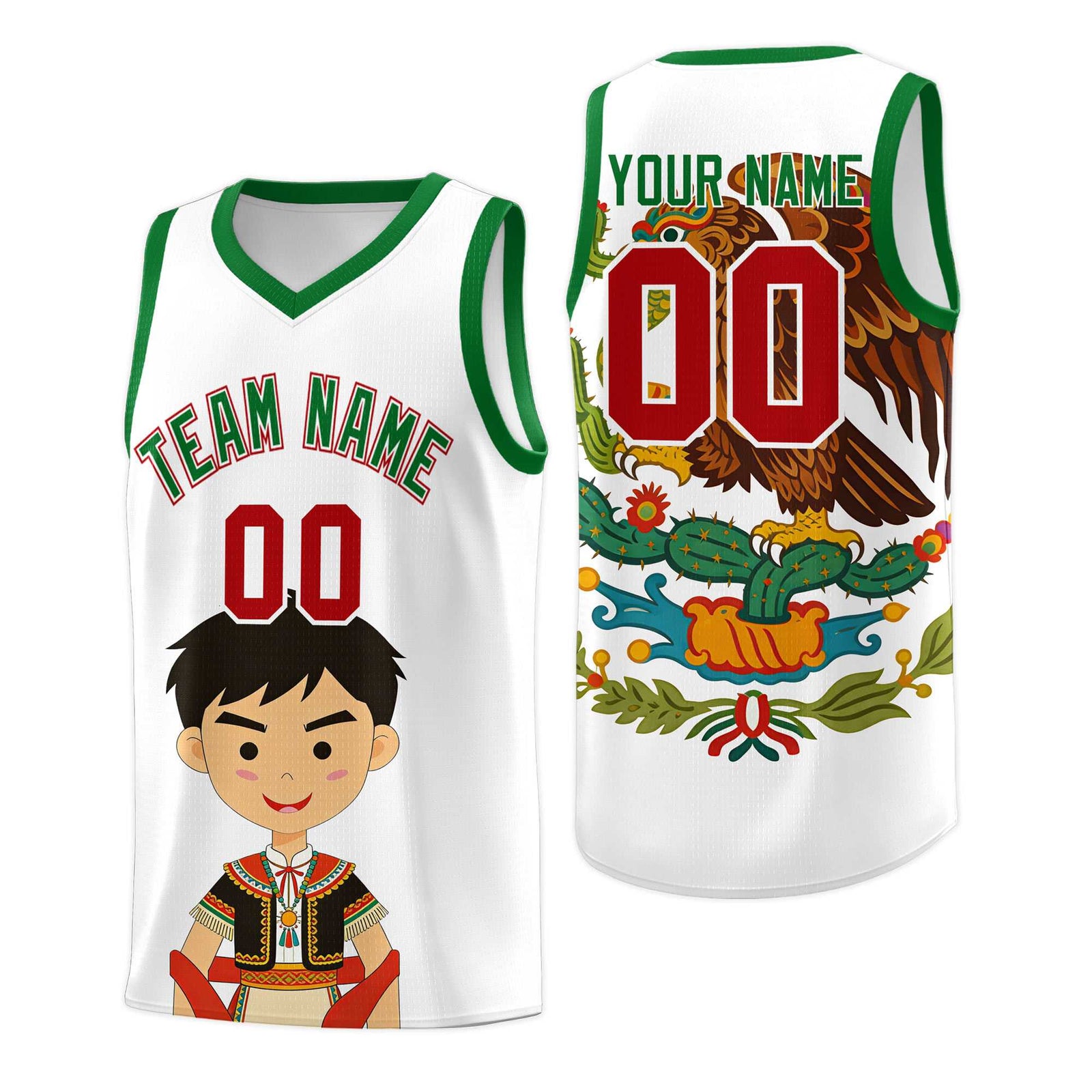 Custom White Kelly Green Mexican Colors Graffiti Patterns Breathable Uniform Basketball Jersey