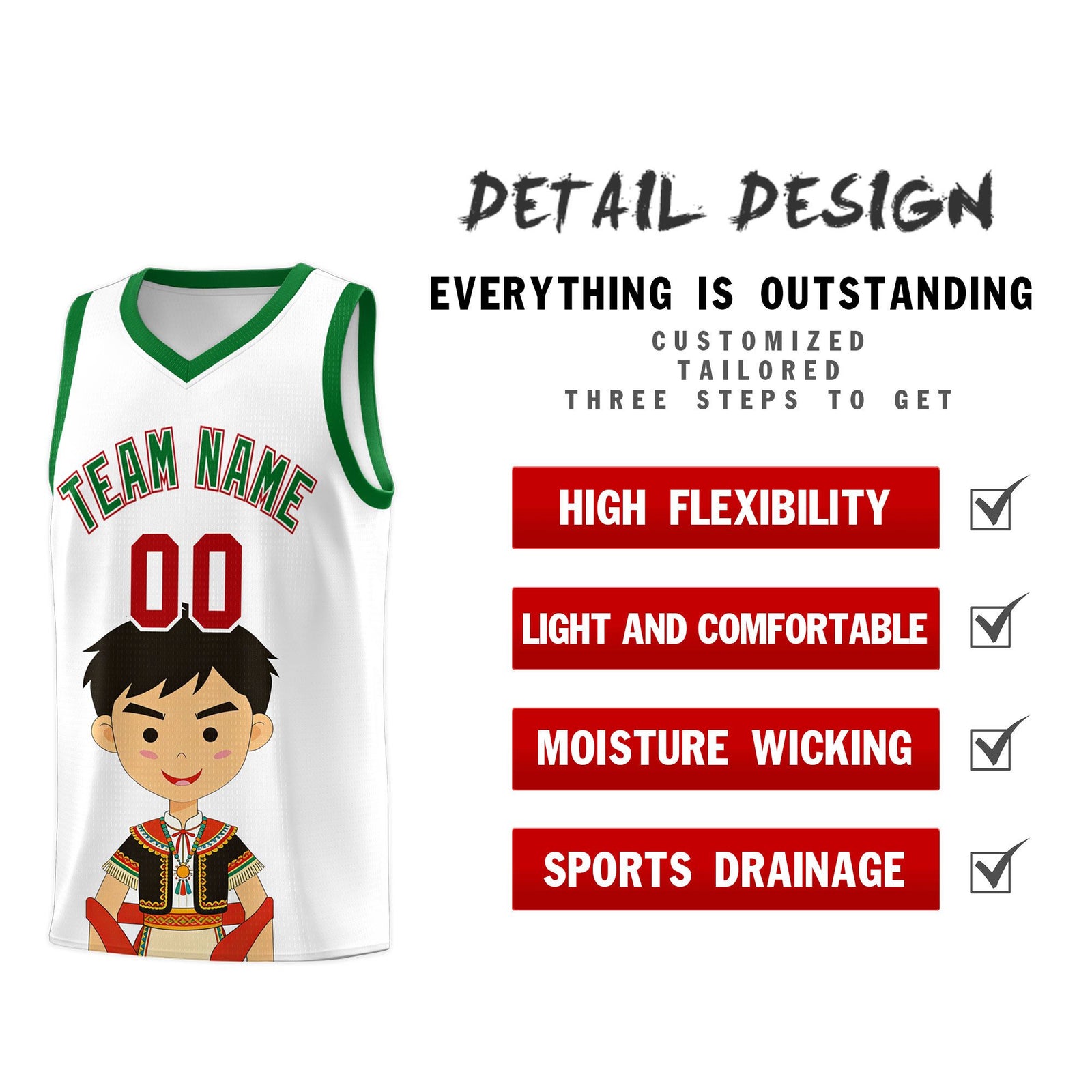 Custom White Kelly Green Mexican Colors Graffiti Patterns Breathable Uniform Basketball Jersey