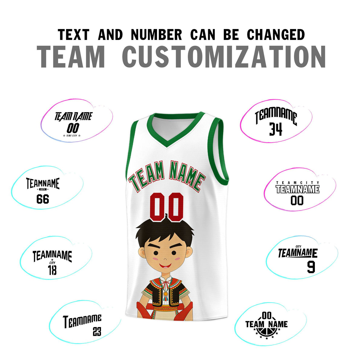 Custom White Kelly Green Mexican Colors Graffiti Patterns Breathable Uniform Basketball Jersey