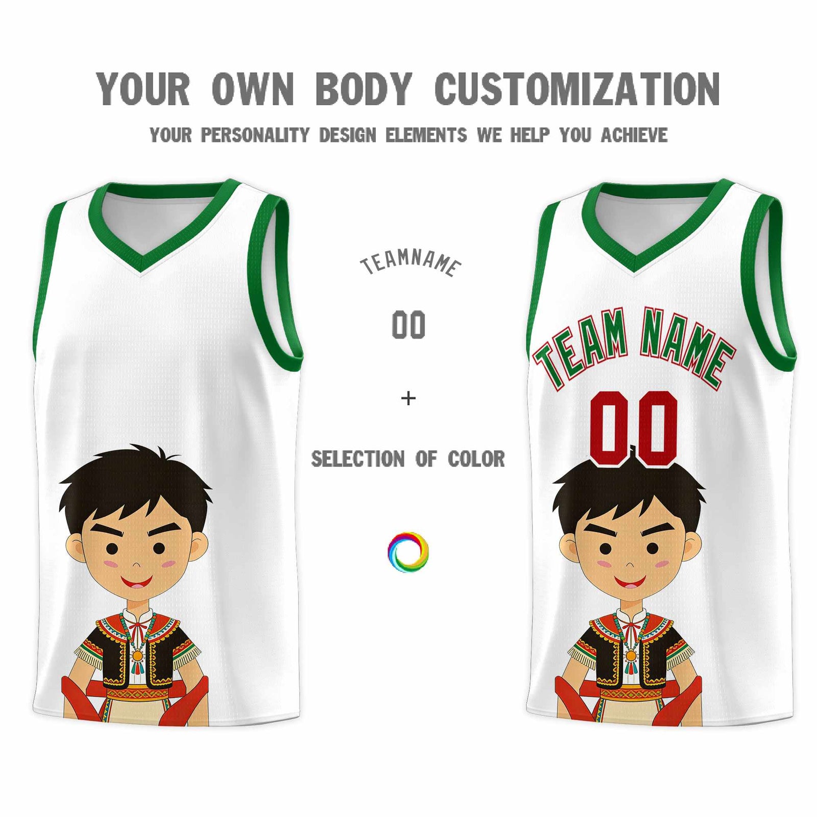 Custom White Kelly Green Mexican Colors Graffiti Patterns Breathable Uniform Basketball Jersey