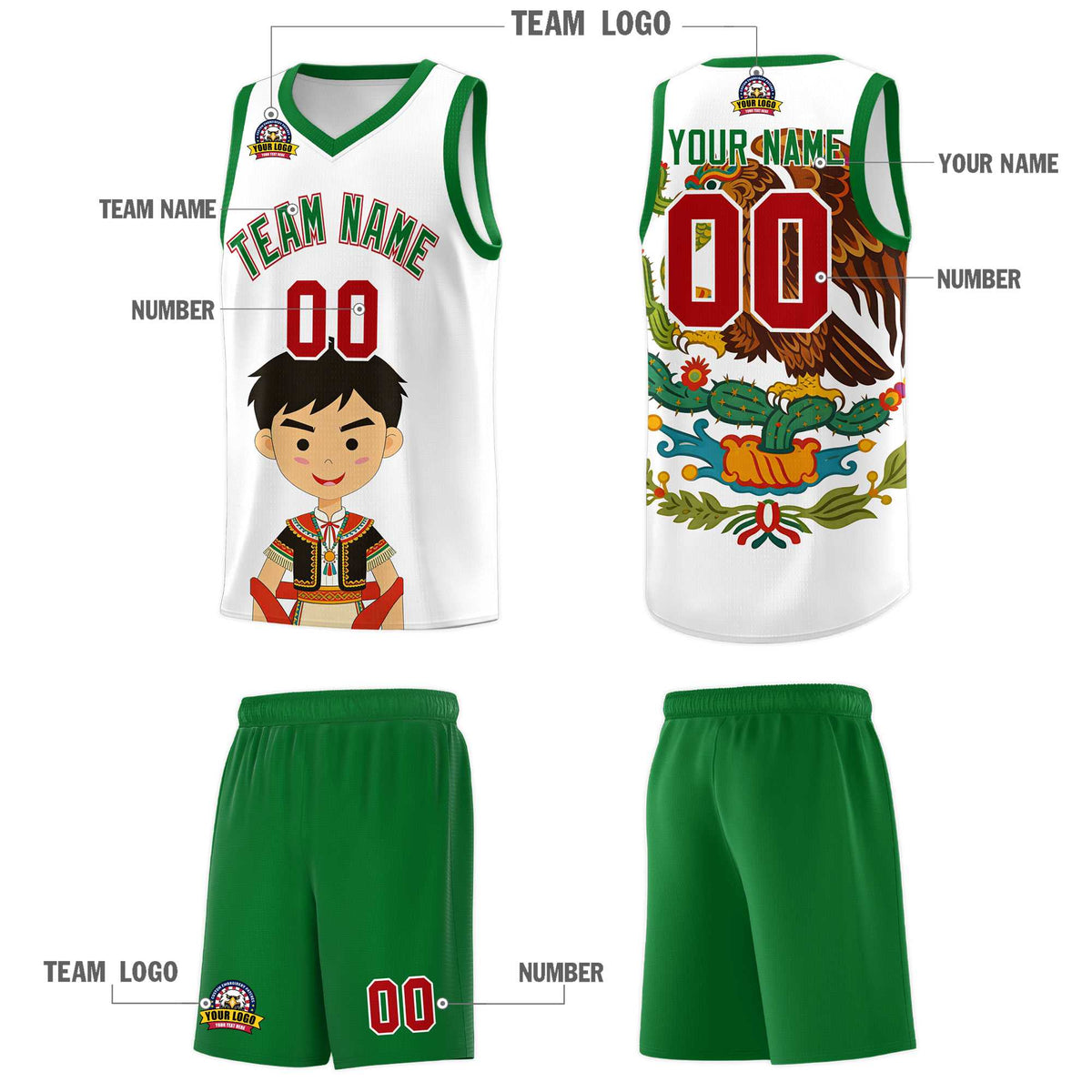 Custom White Kelly Green Mexican Colors Graffiti Patterns Breathable Uniform Basketball Jersey