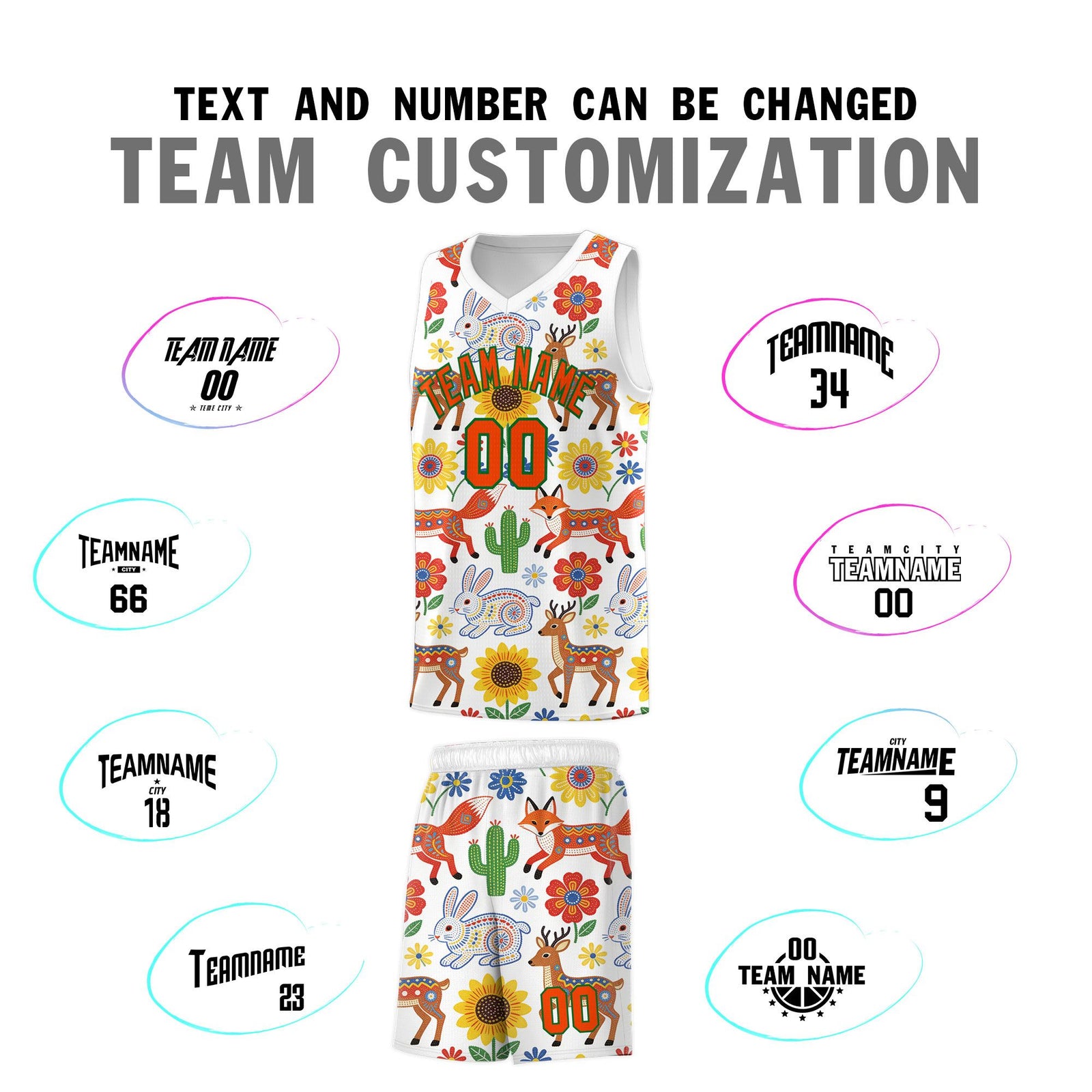 Custom White Chrysanthemum OrangeMexican Colors Graffiti Patterns Quick-Drying Uniform Basketball Jersey