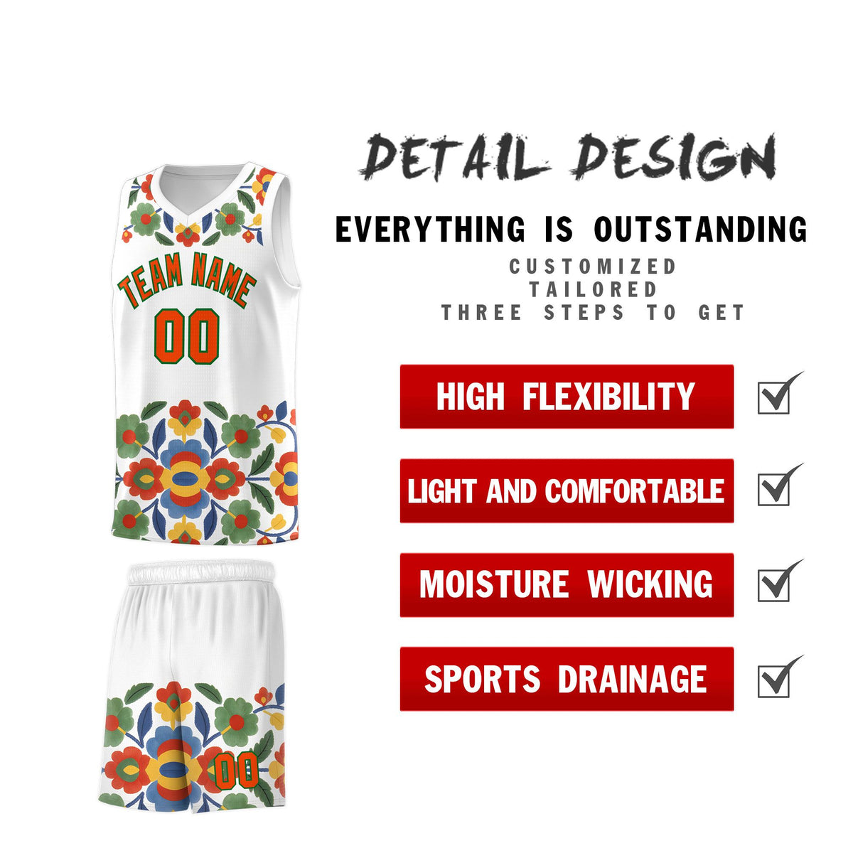 Custom White Orange Mexican Colors Graffiti Patterns Lightweight Uniform Basketball Jersey