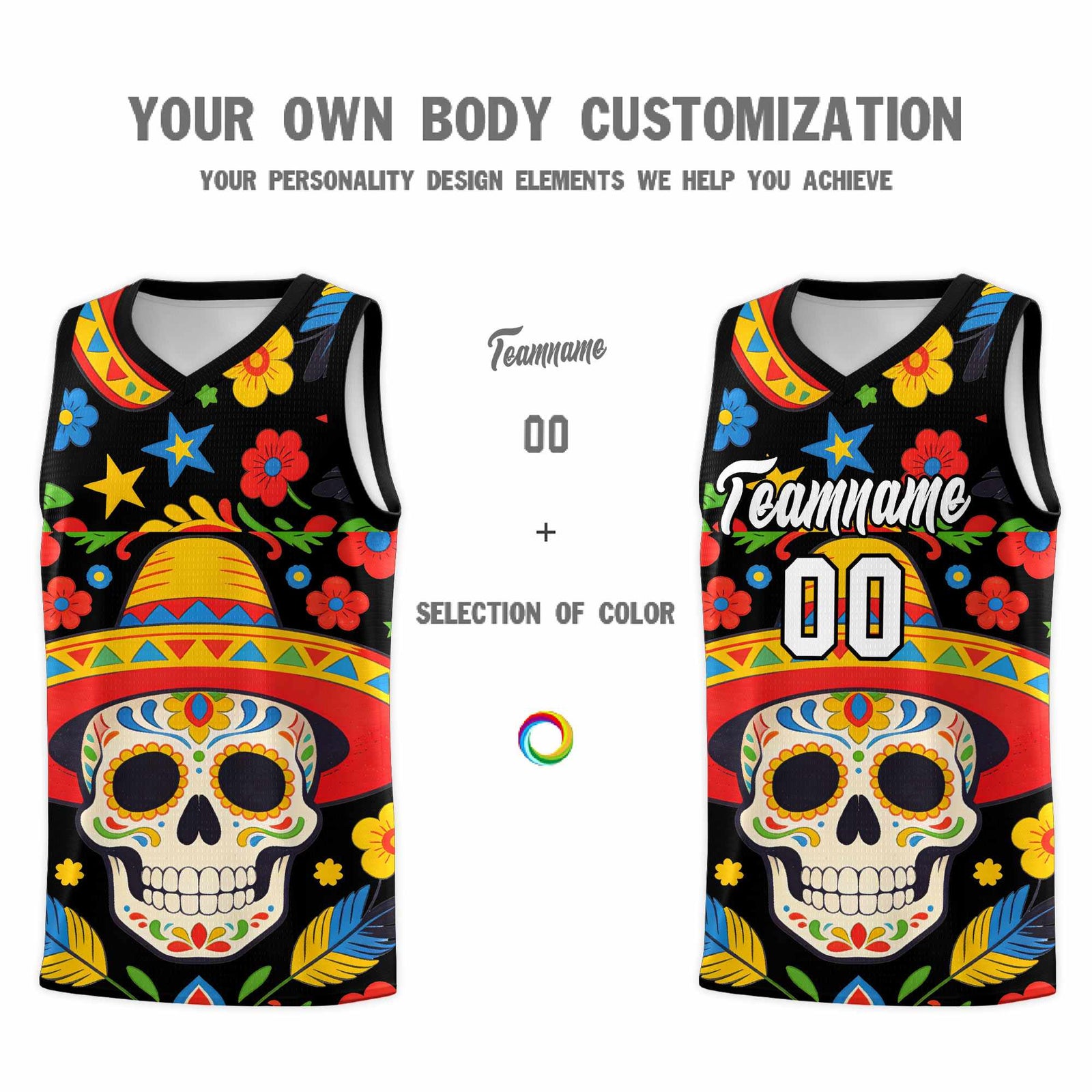 Custom Black Skeleton Mexican Colors Graffiti Patterns Breathable Uniform Basketball Jersey
