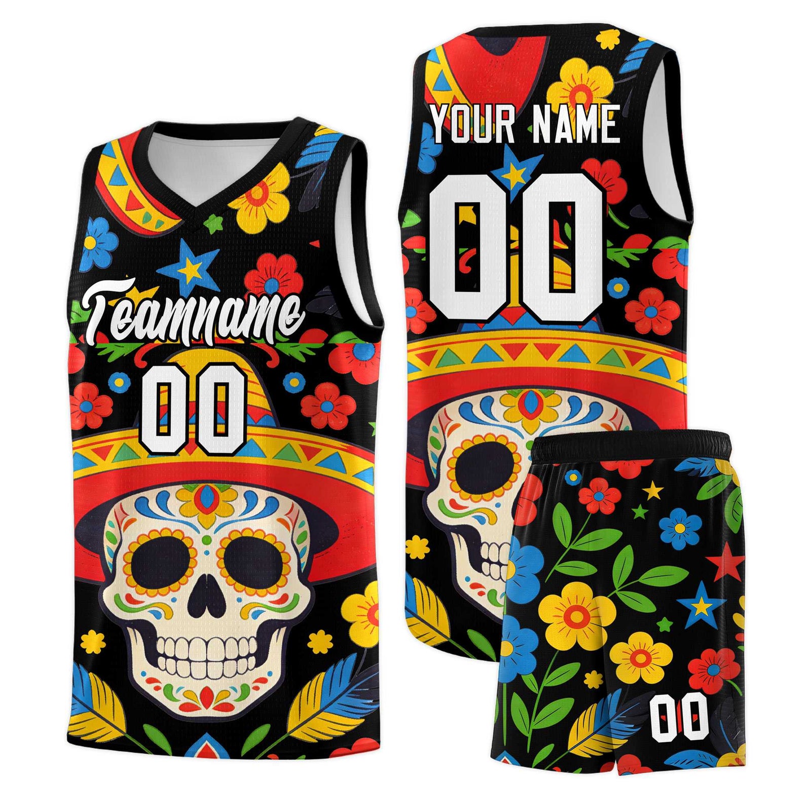 Custom Black Skeleton Mexican Colors Graffiti Patterns Breathable Uniform Basketball Jersey