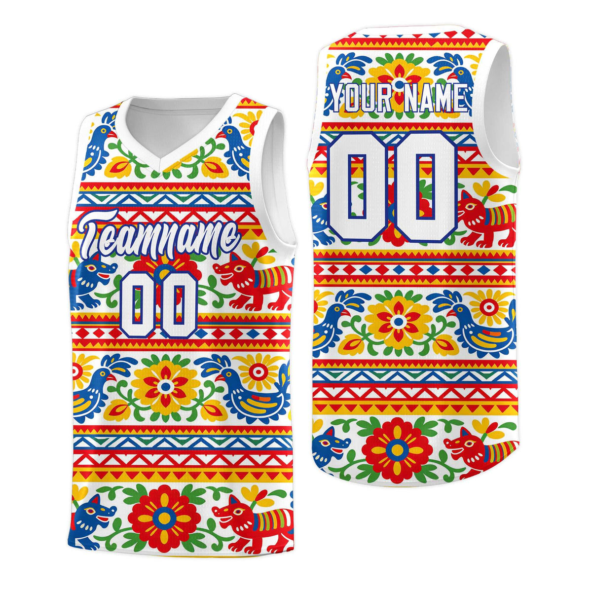 Custom White Colorfulflower pattern Mexican Colors Graffiti Patterns Quick-Drying Uniform Basketball Jersey