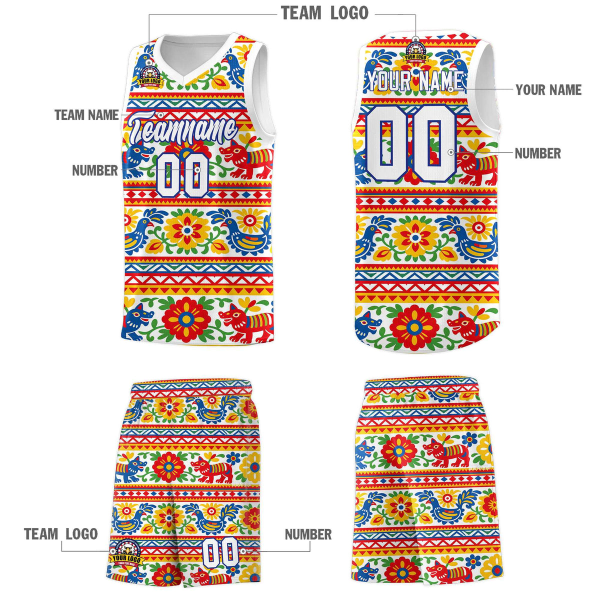 Custom White Colorfulflower pattern Mexican Colors Graffiti Patterns Quick-Drying Uniform Basketball Jersey