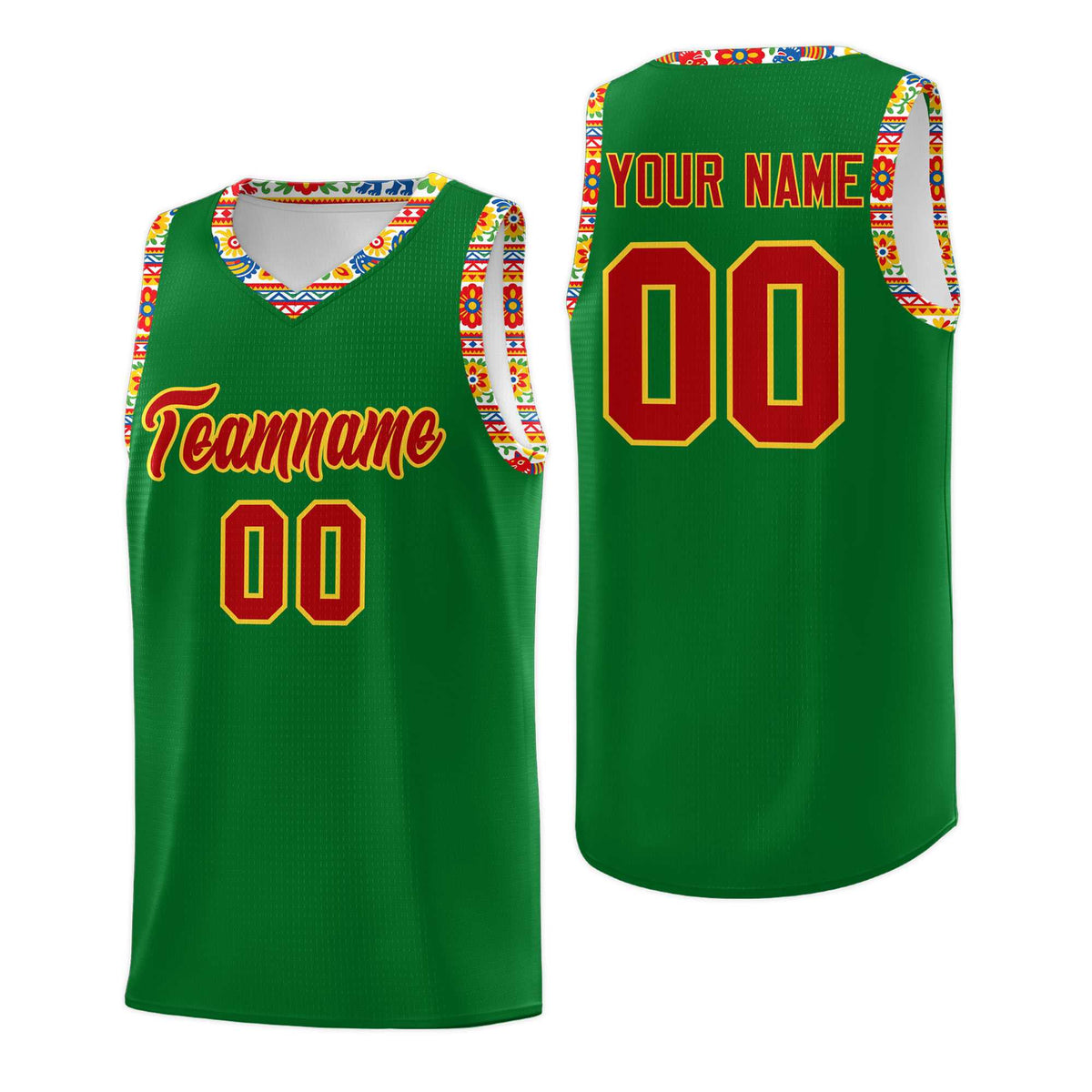 Custom Kelly Green Colorfulflower pattern Mexican Colors Graffiti Patterns Lightweight Uniform Basketball Jersey