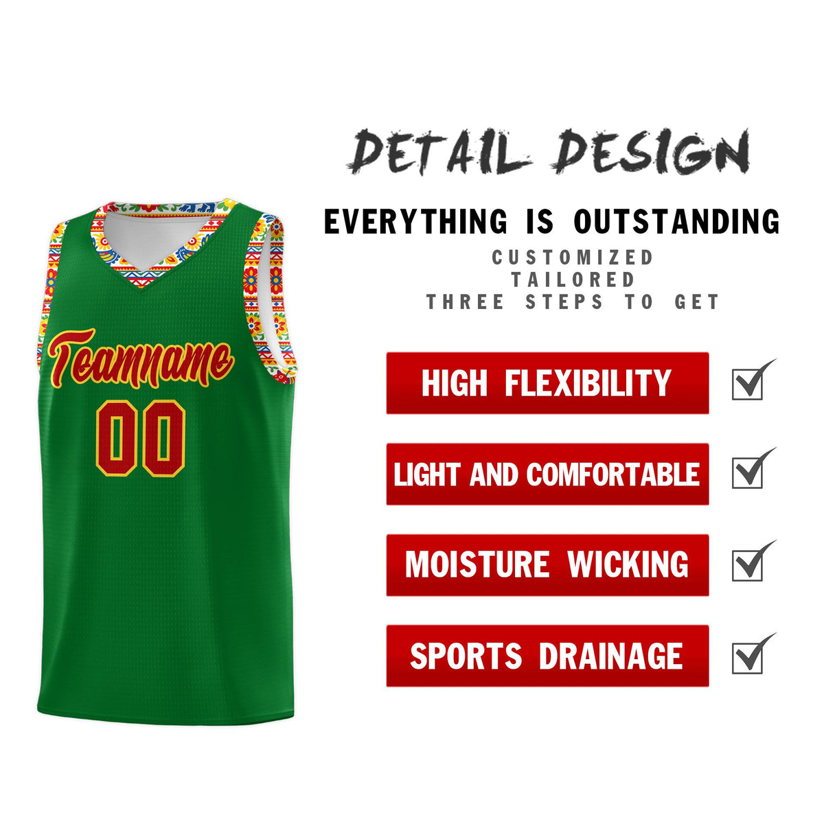 Custom Kelly Green Colorfulflower pattern Mexican Colors Graffiti Patterns Lightweight Uniform Basketball Jersey