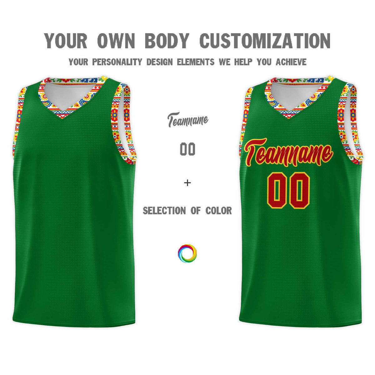 Custom Kelly Green Colorfulflower pattern Mexican Colors Graffiti Patterns Lightweight Uniform Basketball Jersey