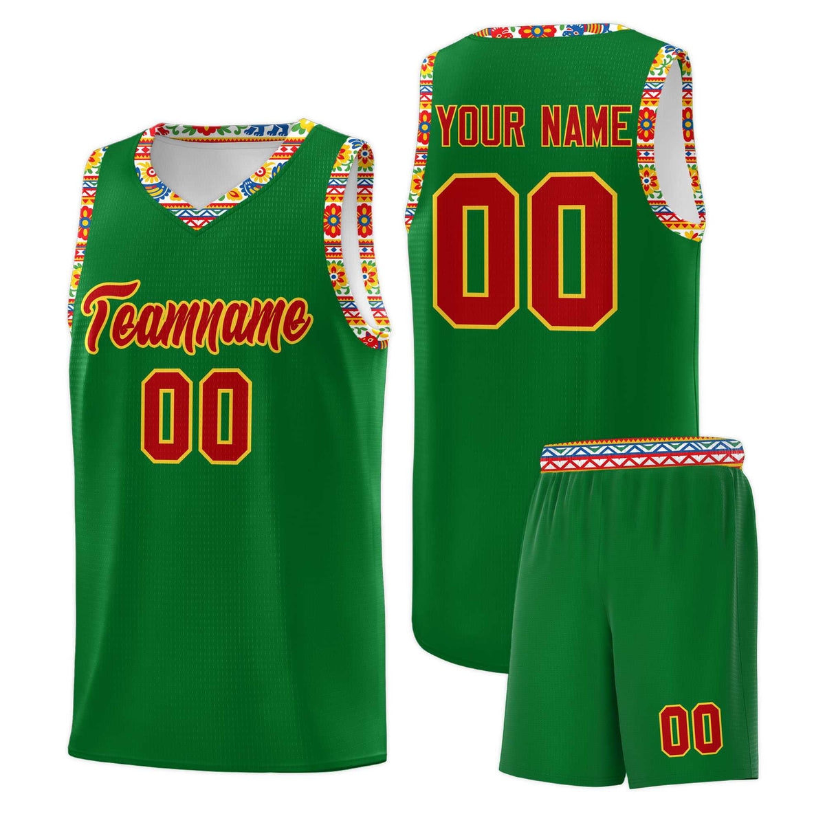 Custom Kelly Green Colorfulflower pattern Mexican Colors Graffiti Patterns Lightweight Uniform Basketball Jersey