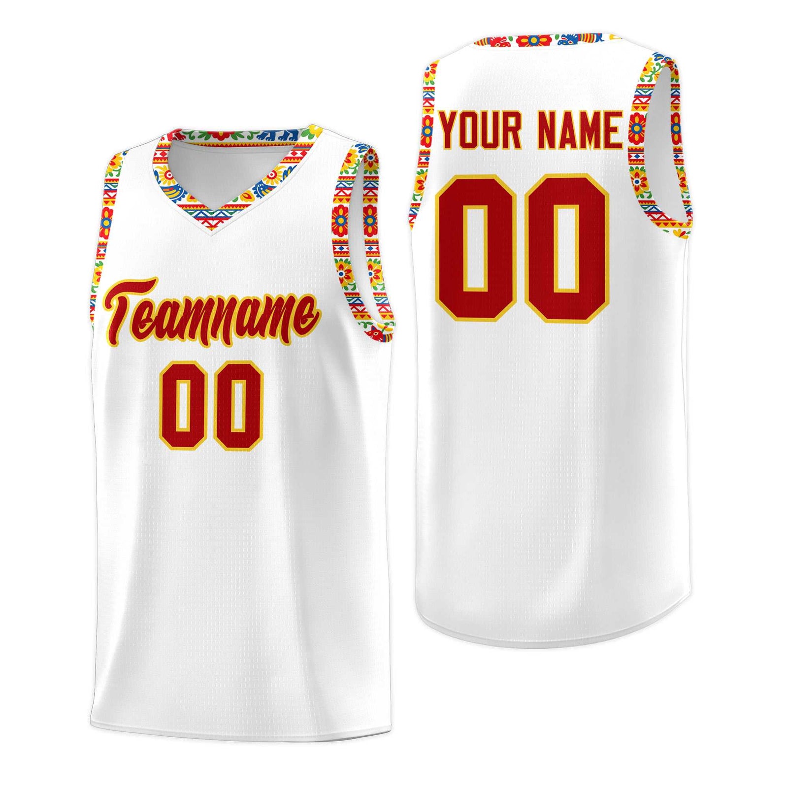 Custom White Colorfulflower pattern Mexican Colors Graffiti Patterns Wrinkle-Resistant Uniform Basketball Jersey