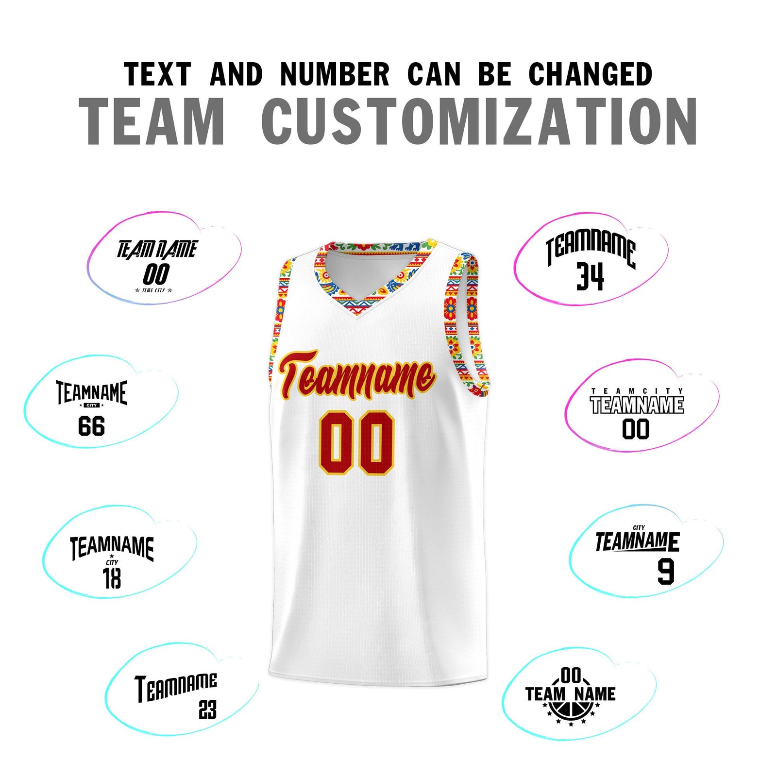 Custom White Colorfulflower pattern Mexican Colors Graffiti Patterns Wrinkle-Resistant Uniform Basketball Jersey