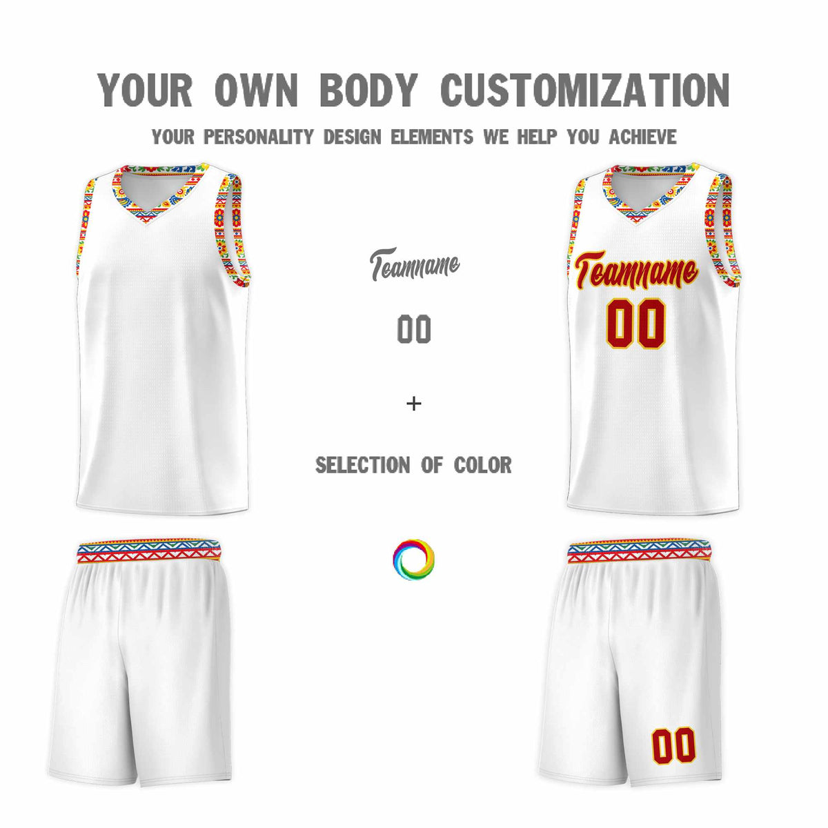 Custom White Colorfulflower pattern Mexican Colors Graffiti Patterns Wrinkle-Resistant Uniform Basketball Jersey