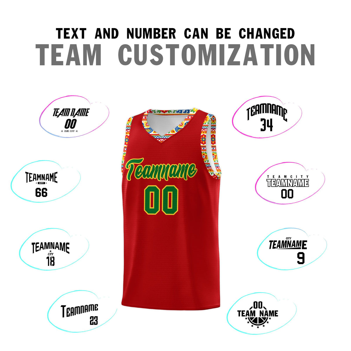 Custom Red Colorfulflower pattern Mexican Colors Graffiti Patterns Drapable Uniform Basketball Jersey