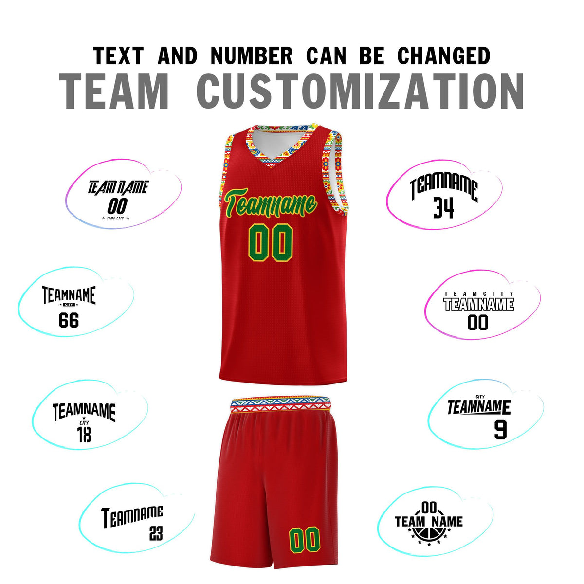 Custom Red Colorfulflower pattern Mexican Colors Graffiti Patterns Drapable Uniform Basketball Jersey