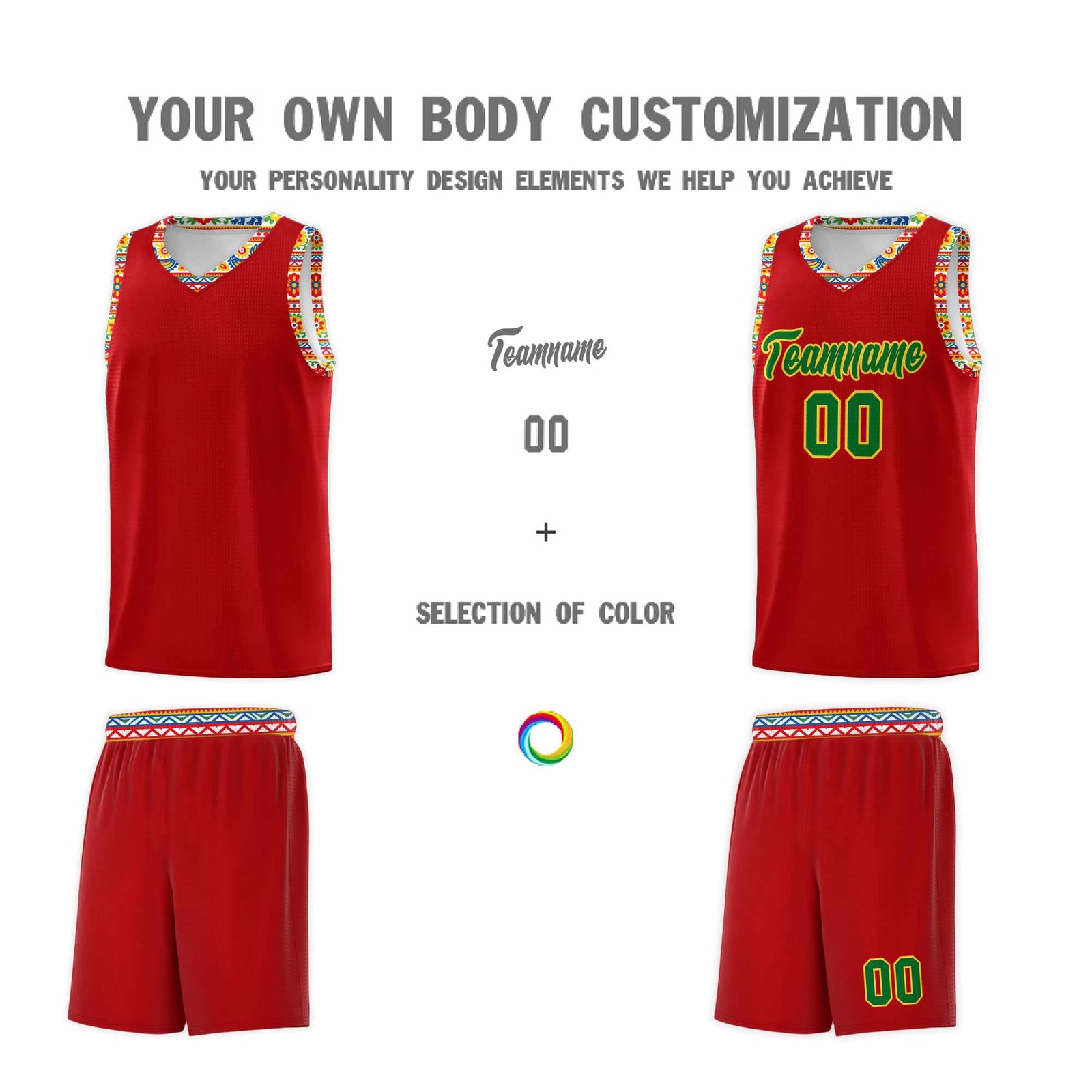 Custom Red Colorfulflower pattern Mexican Colors Graffiti Patterns Drapable Uniform Basketball Jersey