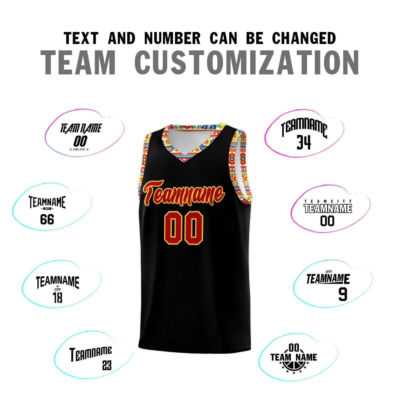 Custom Black Colorfulflower pattern Mexican Colors Graffiti Patterns Sublimation Printing Uniform Basketball Jersey