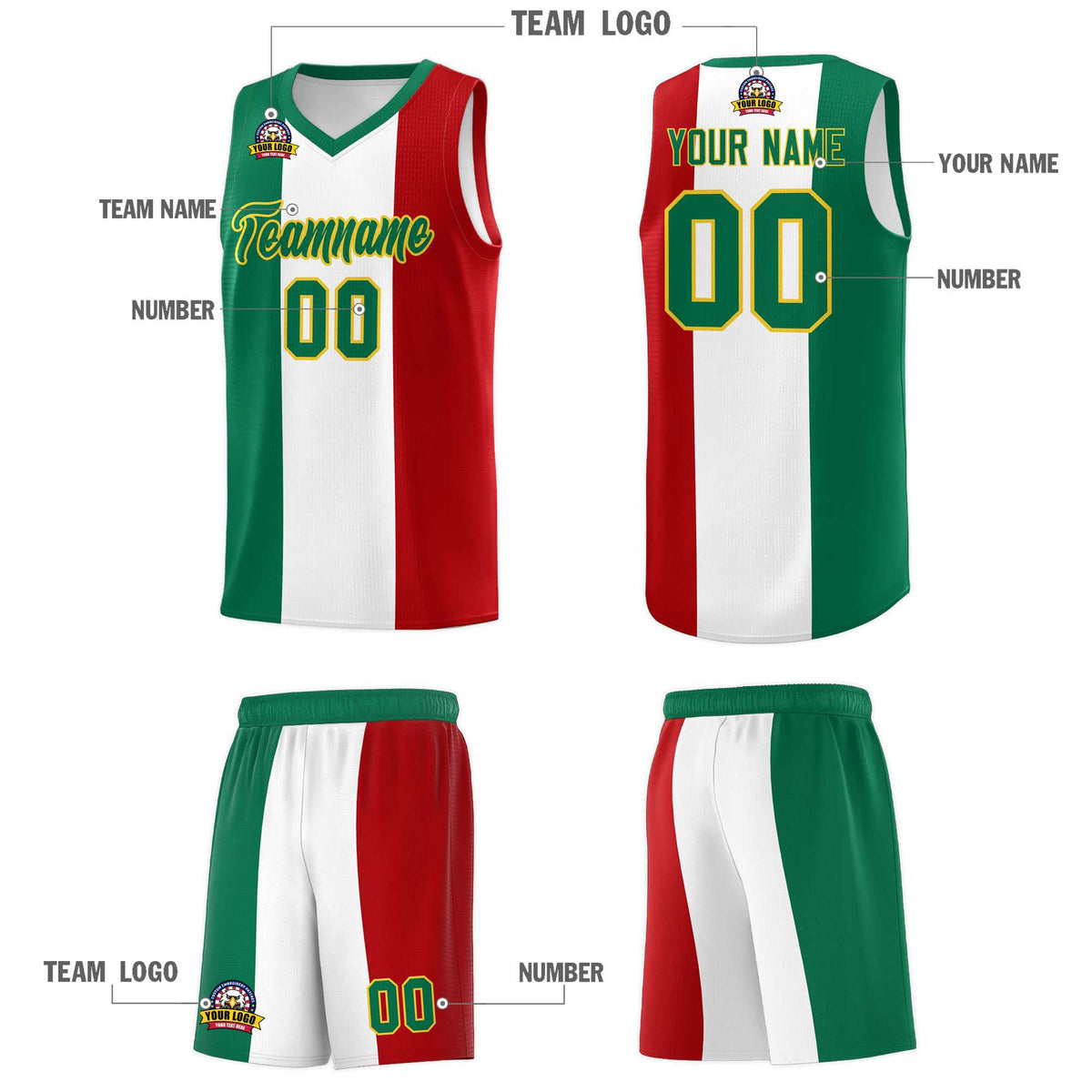 Custom White Kelly Green Red Mexican Colors Graffiti Patterns Breathable Uniform Basketball Jersey