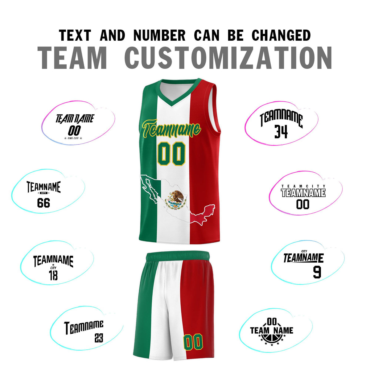 Custom White Kelly Green Red Mexican Colors Graffiti Patterns Quick-Drying Uniform Basketball Jersey