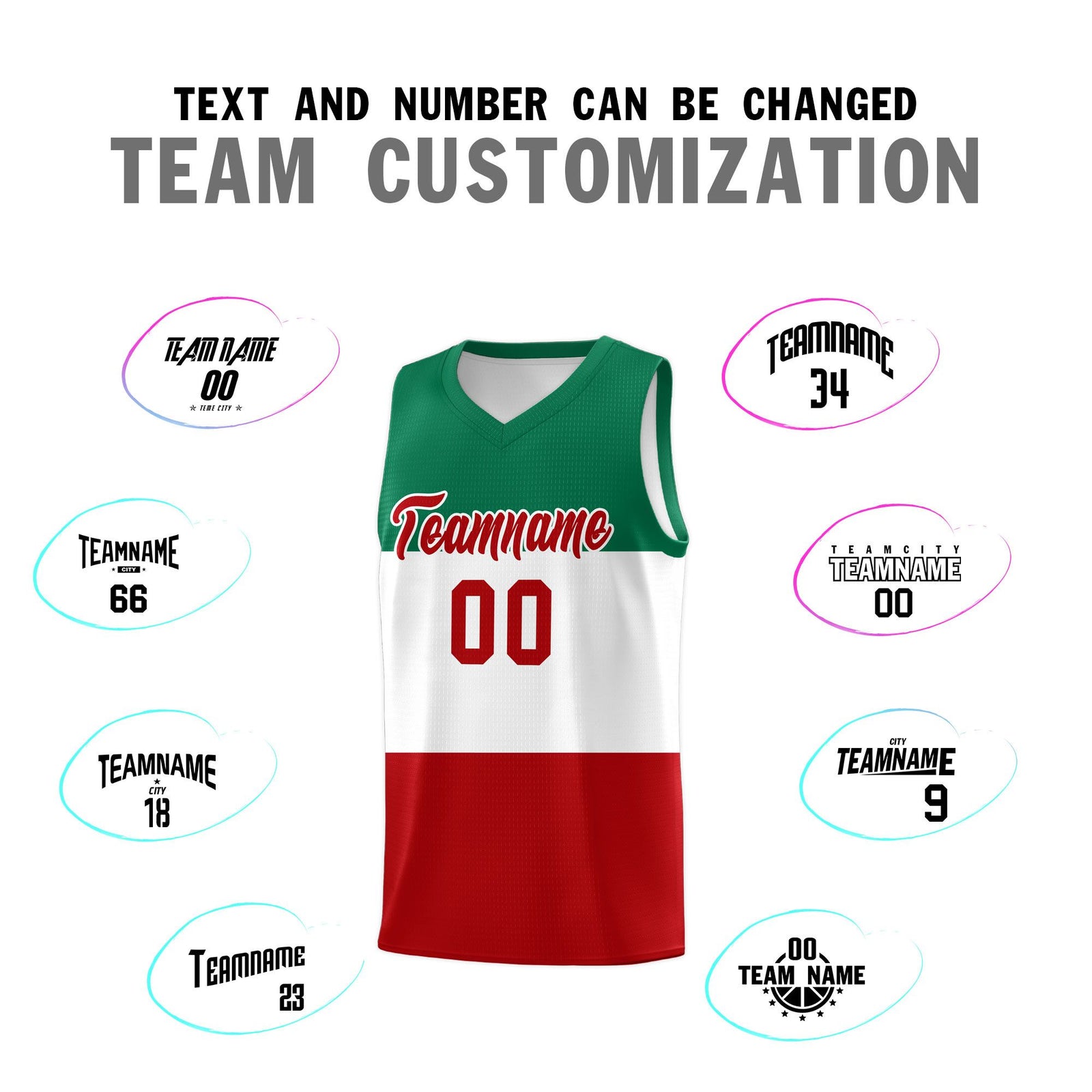 Custom White Kelly Green Red Mexican Colors Graffiti Patterns Drapable Uniform Basketball Jersey