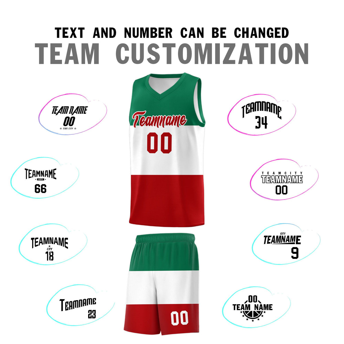 Custom White Kelly Green Red Mexican Colors Graffiti Patterns Drapable Uniform Basketball Jersey