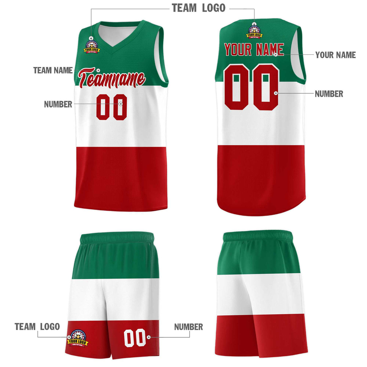 Custom White Kelly Green Red Mexican Colors Graffiti Patterns Drapable Uniform Basketball Jersey