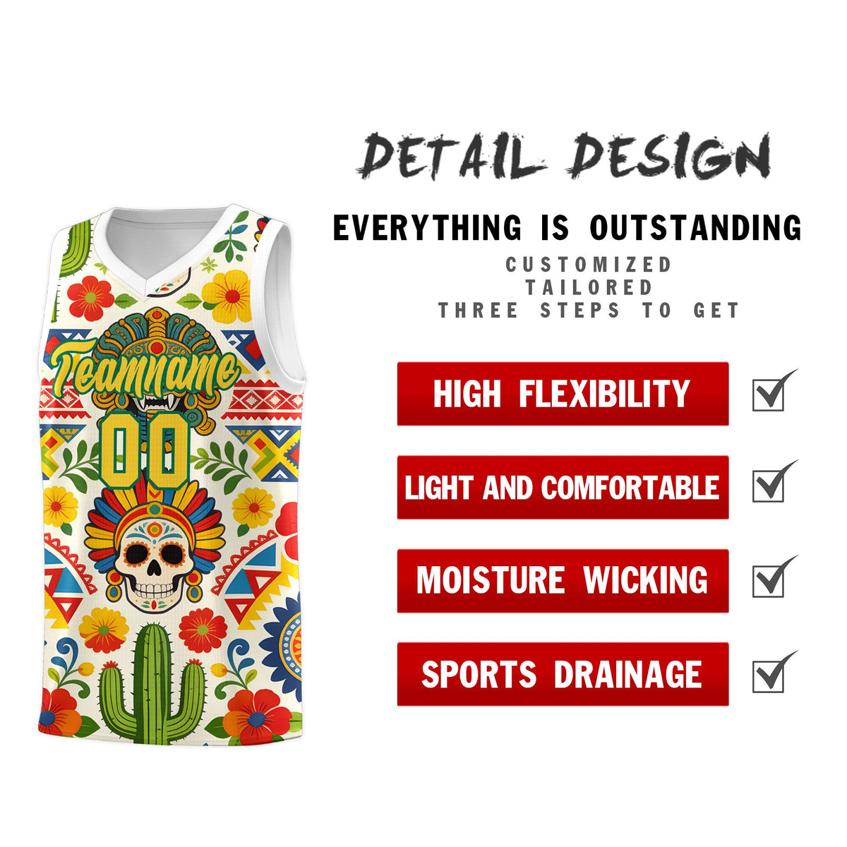 Custom White Skeleton Mexican Colors Graffiti Patterns Sublimation Printing Uniform Basketball Jersey