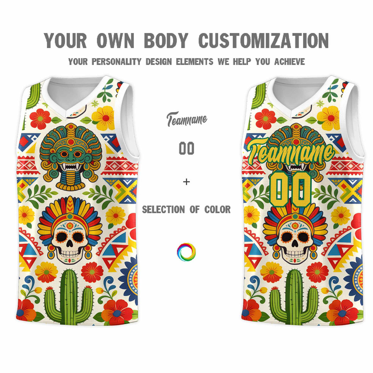 Custom White Skeleton Mexican Colors Graffiti Patterns Sublimation Printing Uniform Basketball Jersey