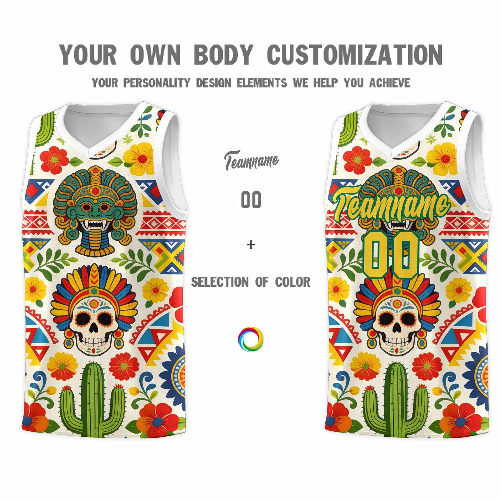 Custom White Skeleton Mexican Colors Graffiti Patterns Sublimation Printing Uniform Basketball Jersey