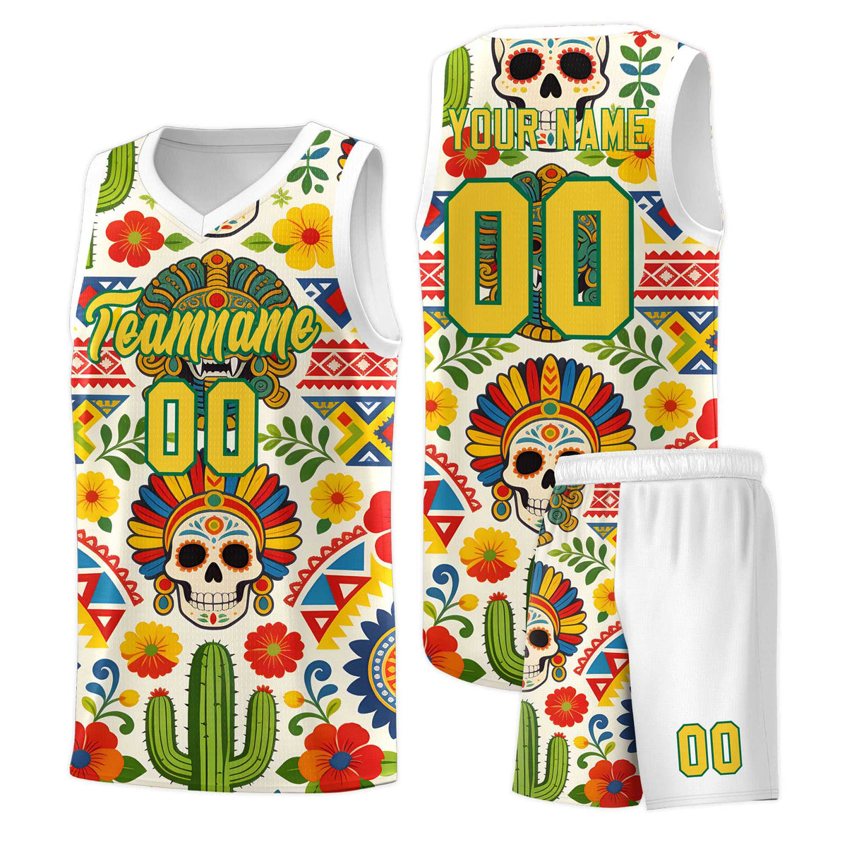 Custom White Skeleton Mexican Colors Graffiti Patterns Sublimation Printing Uniform Basketball Jersey