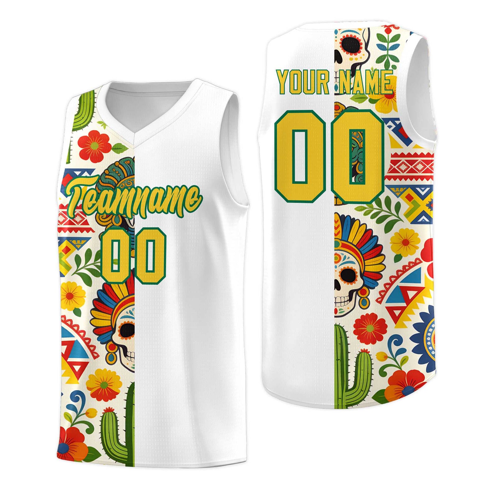Custom White Skeleton Mexican Colors Graffiti Patterns Breathable Uniform Basketball Jersey