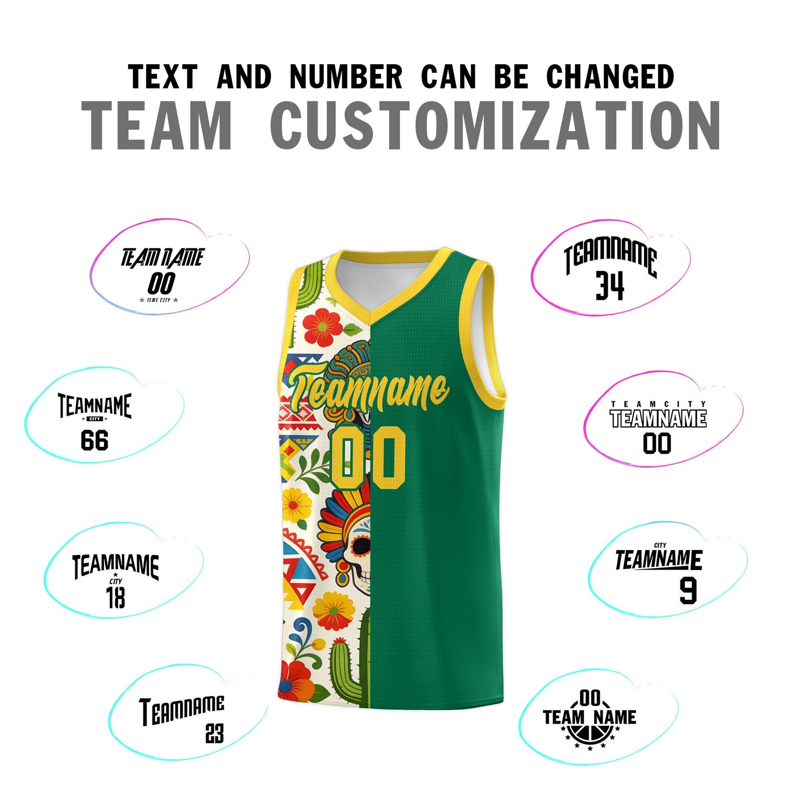 Custom Kelly Green Skeleton Mexican Colors Graffiti Patterns Quick-Drying Uniform Basketball Jersey