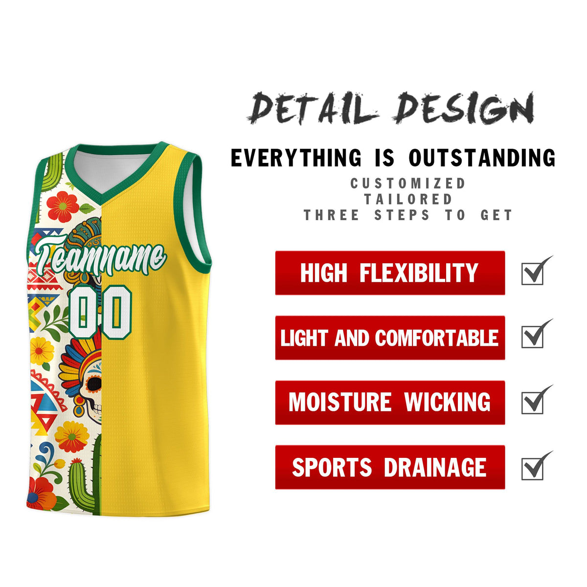 Custom Gold Skeleton Mexican Colors Graffiti Patterns Lightweight Uniform Basketball Jersey
