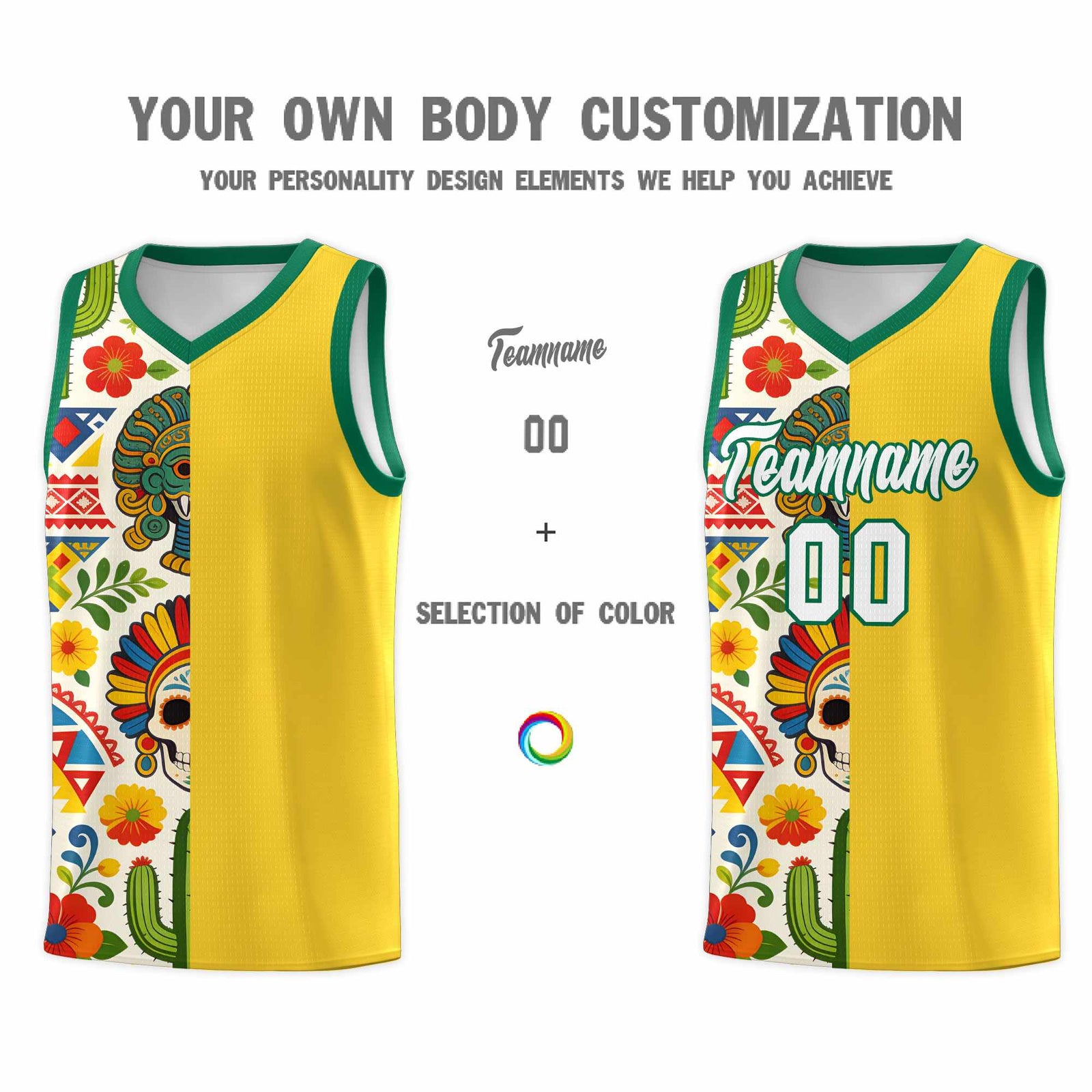 Custom Gold Skeleton Mexican Colors Graffiti Patterns Lightweight Uniform Basketball Jersey