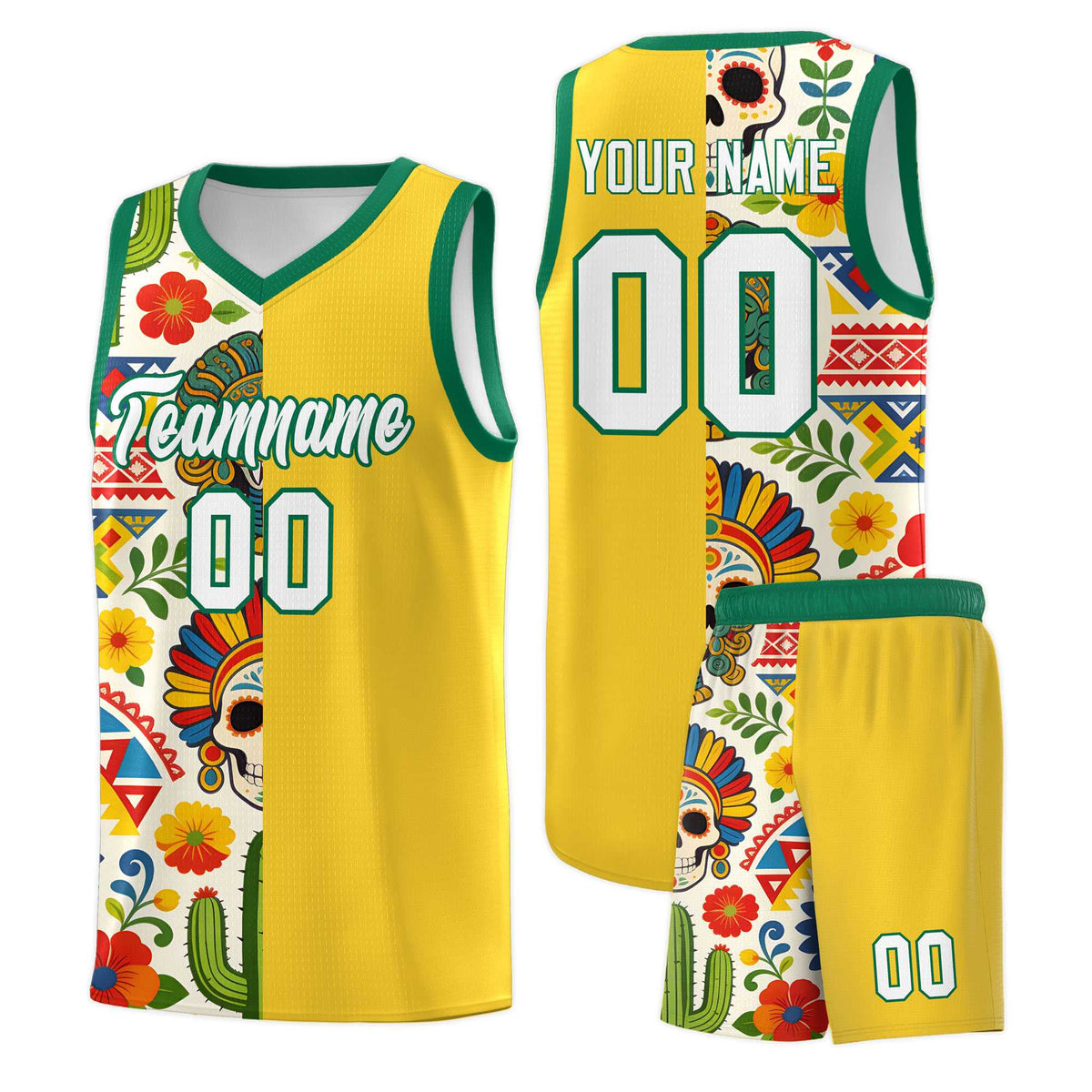 Custom Gold Skeleton Mexican Colors Graffiti Patterns Lightweight Uniform Basketball Jersey