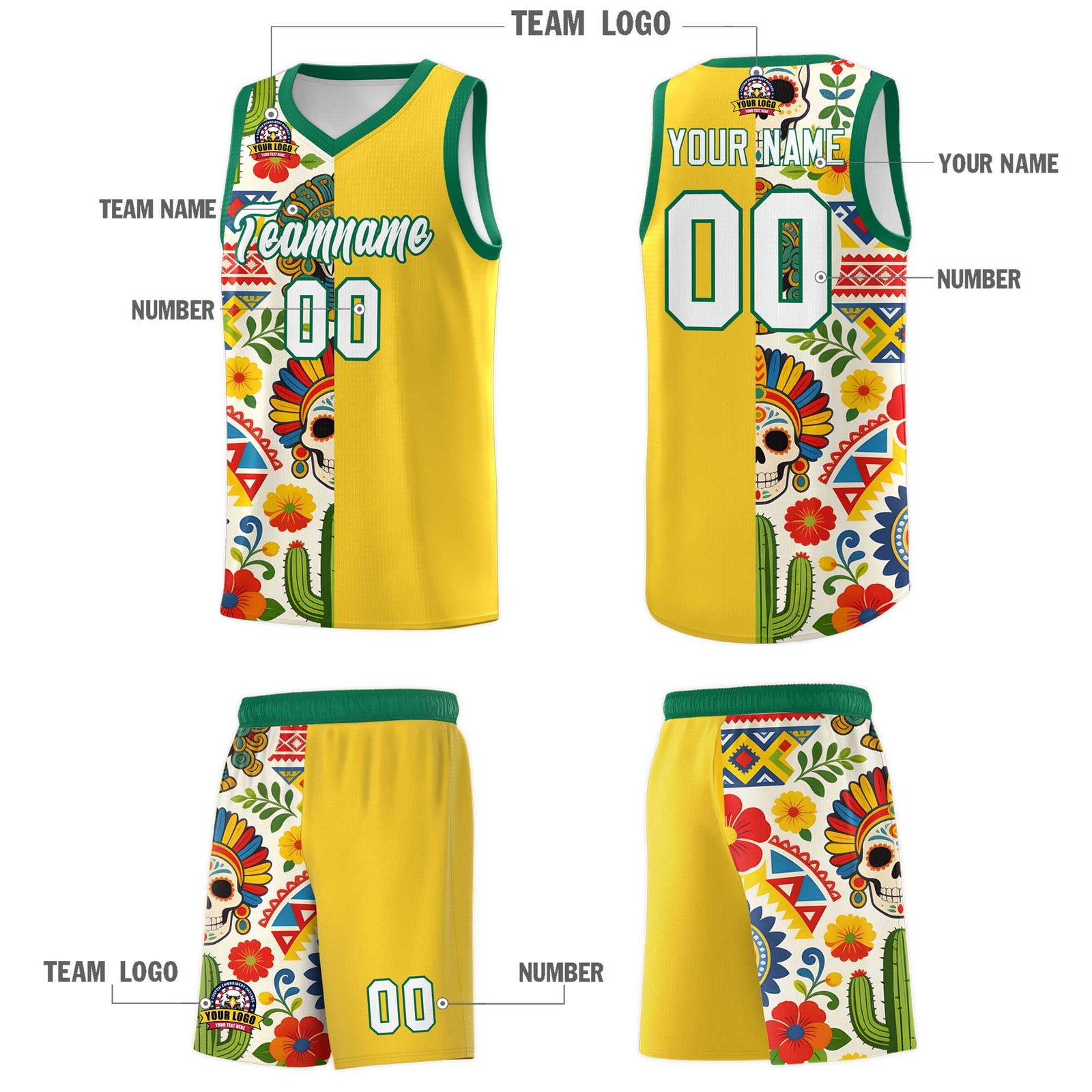 Custom Gold Skeleton Mexican Colors Graffiti Patterns Lightweight Uniform Basketball Jersey