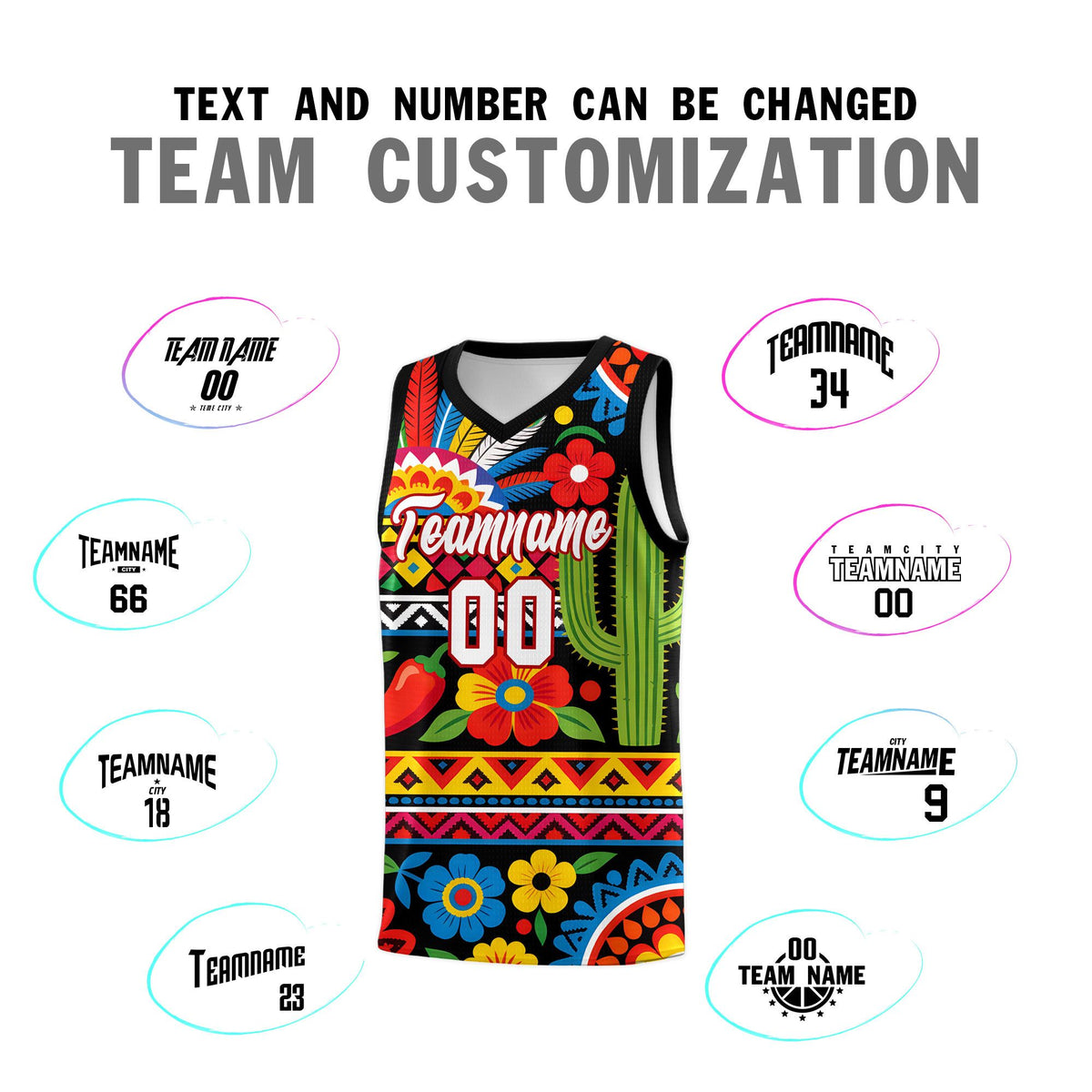 Custom Black Cactus Mexican Colors Graffiti Patterns Wrinkle-Resistant Uniform Basketball Jersey
