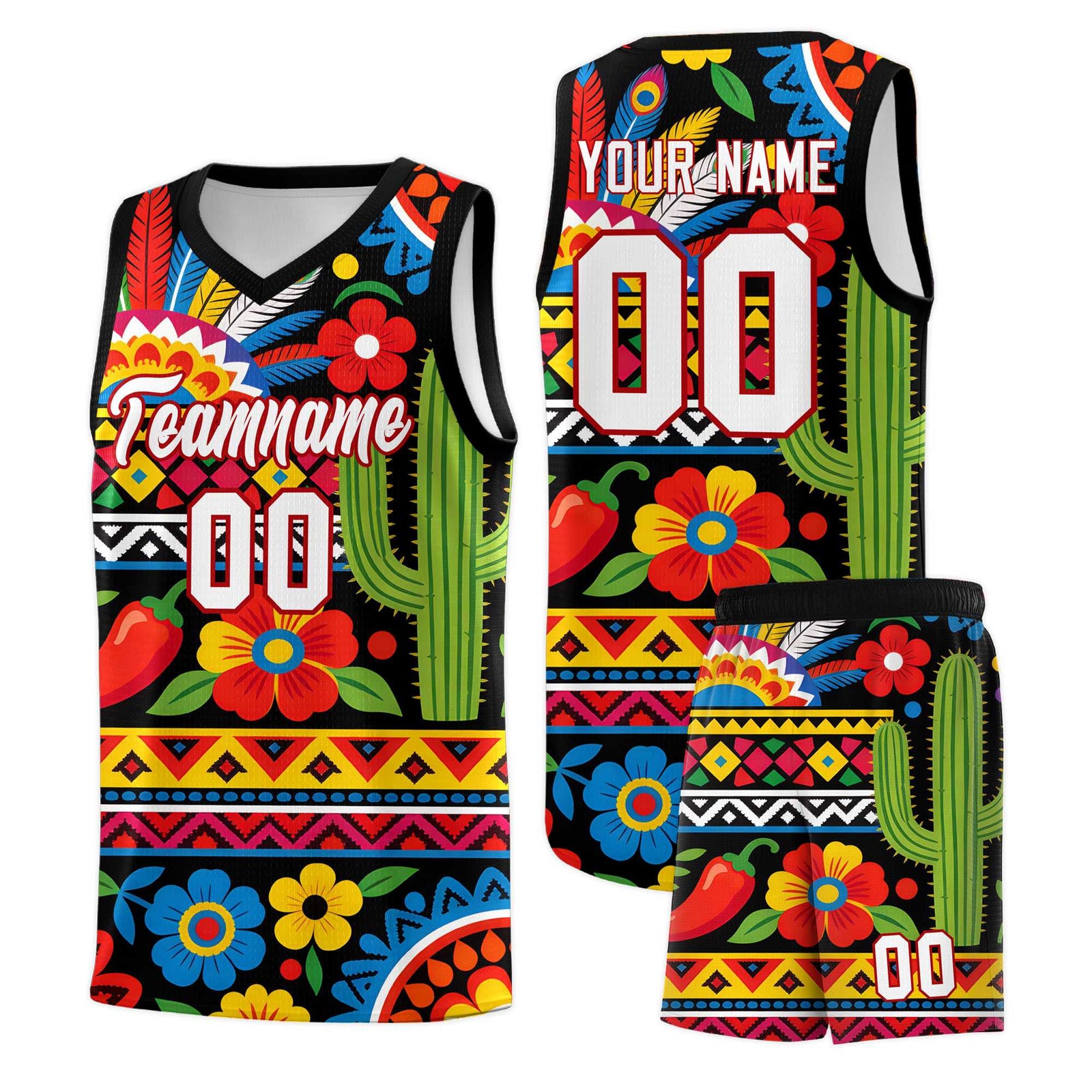 Custom Black Cactus Mexican Colors Graffiti Patterns Wrinkle-Resistant Uniform Basketball Jersey
