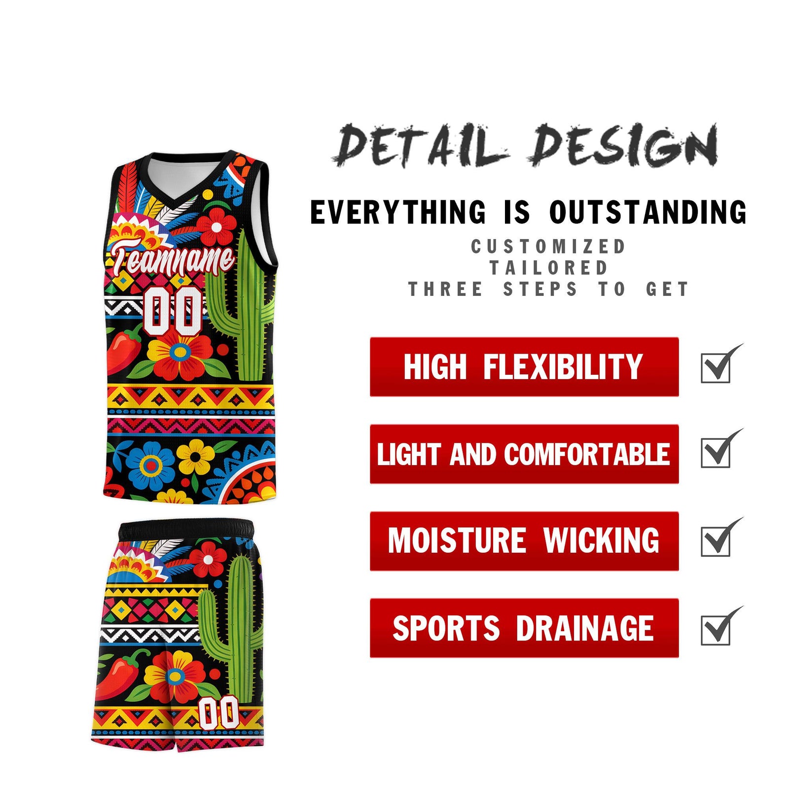 Custom Black Cactus Mexican Colors Graffiti Patterns Wrinkle-Resistant Uniform Basketball Jersey