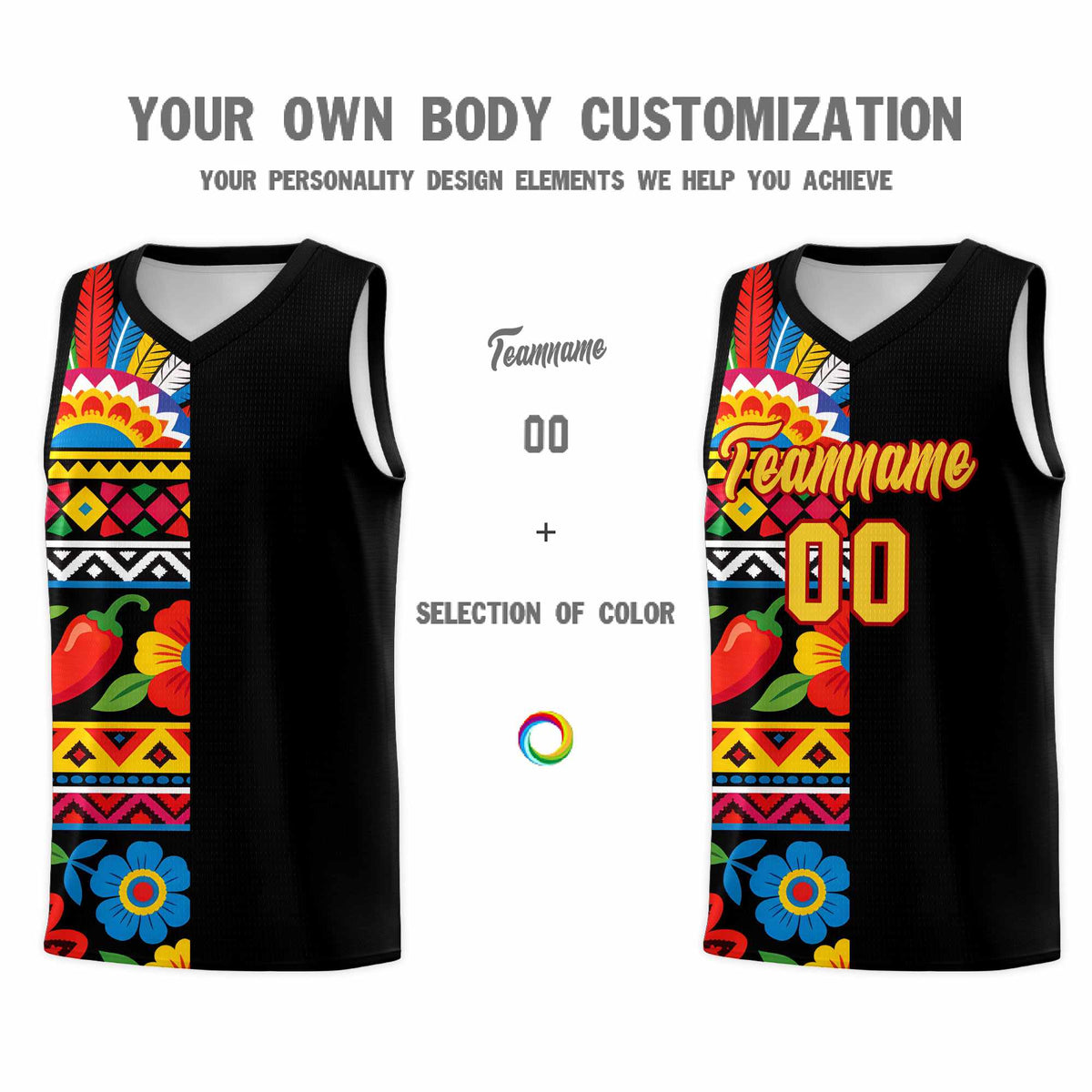 Custom Black Cactus Mexican Colors Graffiti Patterns Drapable Uniform Basketball Jersey