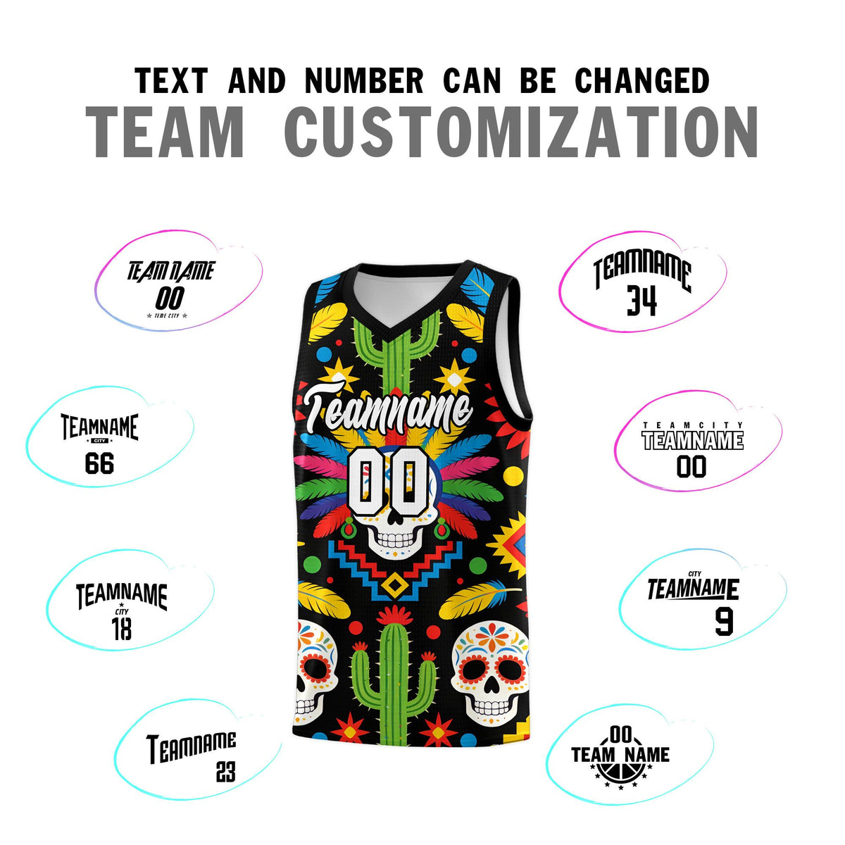 Custom Black Skeleton Mexican Colors Graffiti Patterns Sublimation Printing Uniform Basketball Jersey