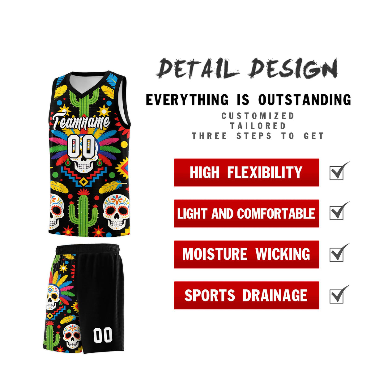 Custom Black Skeleton Mexican Colors Graffiti Patterns Sublimation Printing Uniform Basketball Jersey