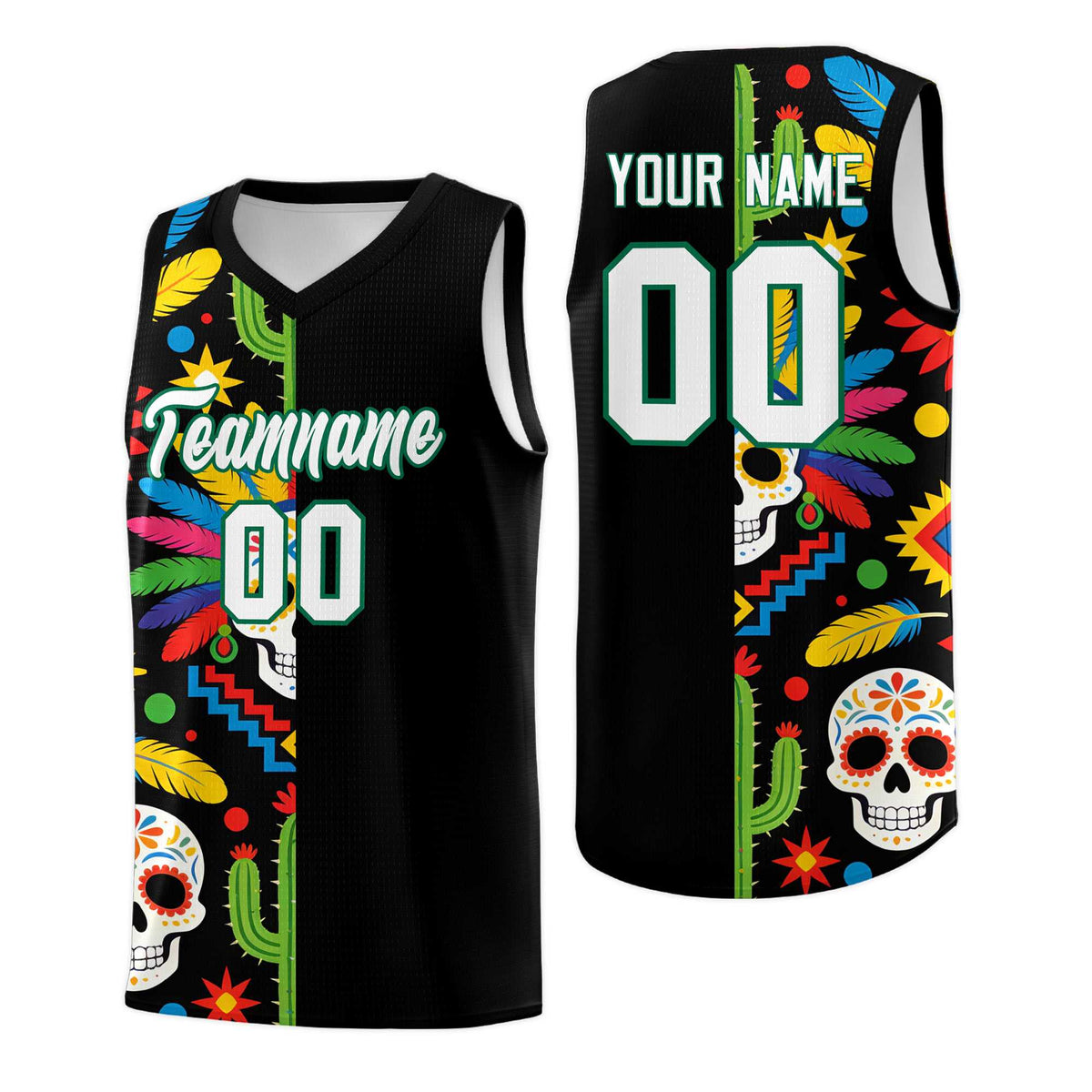 Custom Black Skeleton Mexican Colors Graffiti Patterns Breathable Uniform Basketball Jersey